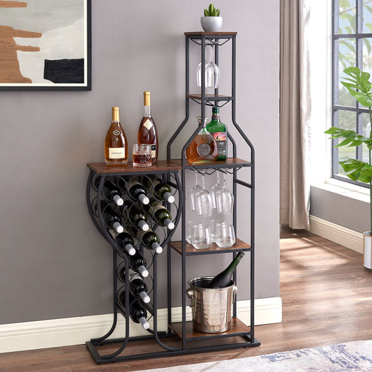 Elegant 5-Tier Freestanding Wine Bakers Rack with Hanging Wine Glass Holder - 11 Bottle Capacity Storage Shelves for Liquor and Wine in Kitchen or Dining Room - Stylish Wine Storage Home