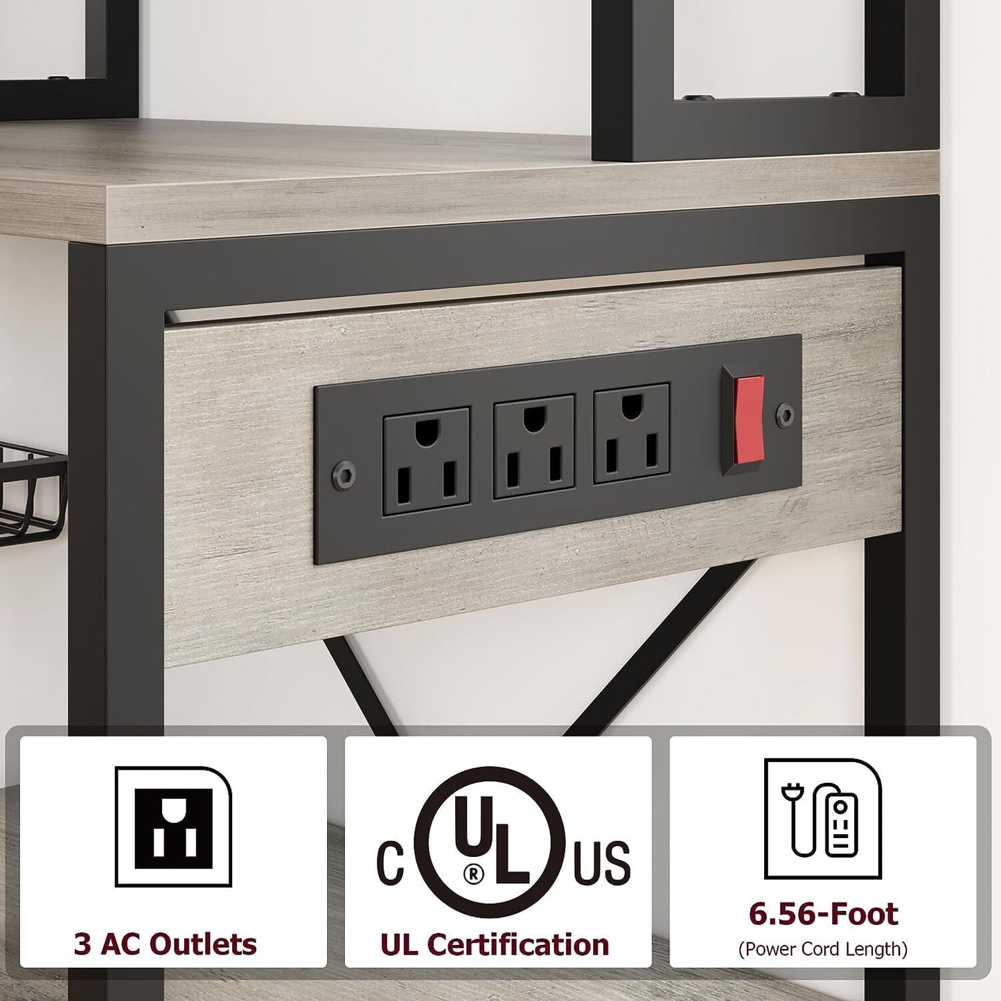 Towallmark Bakers Rack with 3 Power Outlets, 35.4 Inch for Microwave Stand Kitchens with Storage, Kitchen Rack, Kitchen Stand, Coffee Stand Bar, Grey