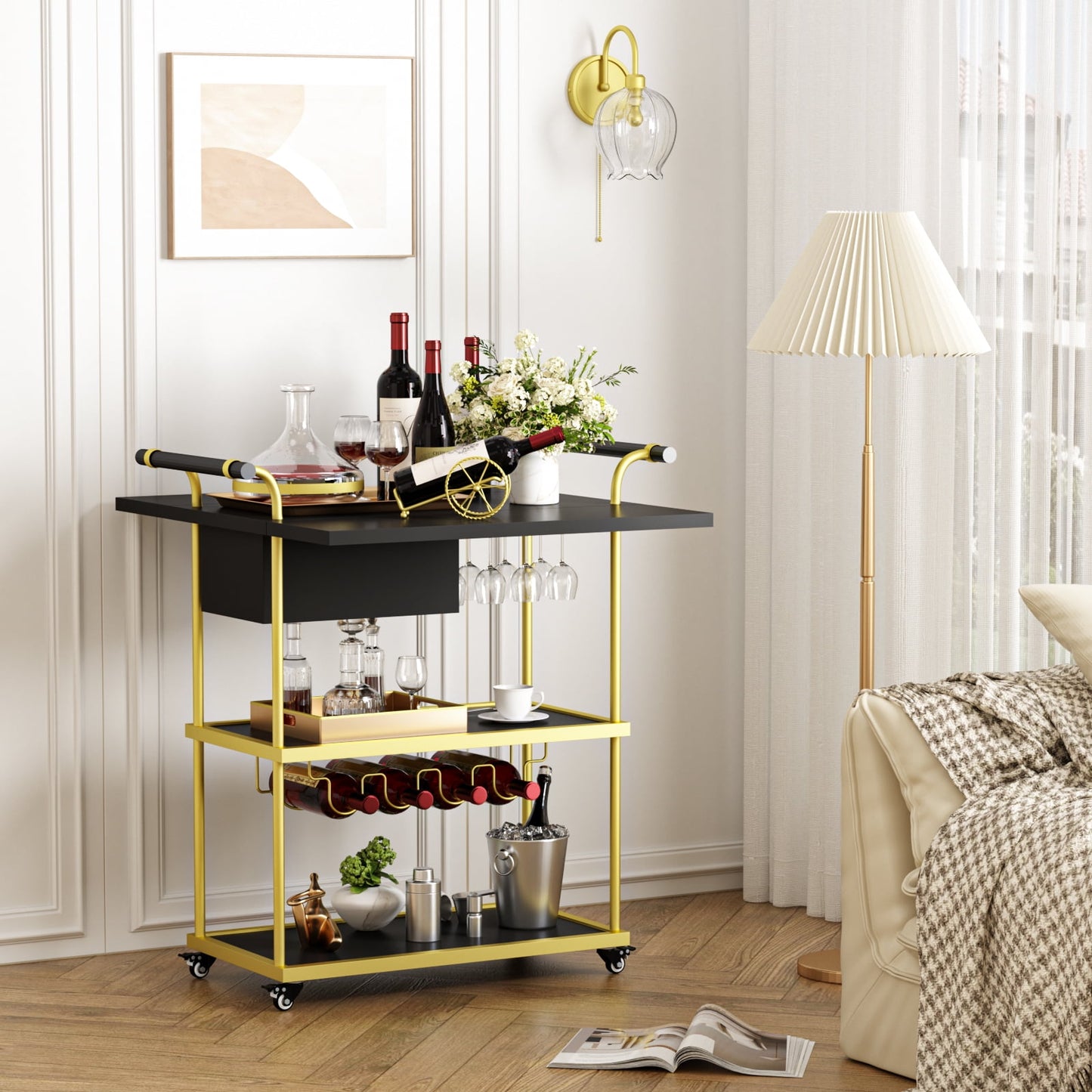 Veanerwood 3 Tier Home Bar Serving Cart on Wheels with Storage and Extendable Countertop, Black