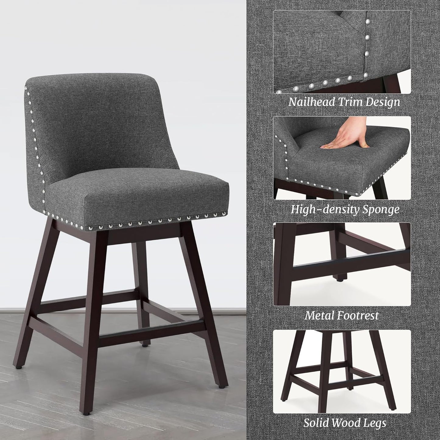 Dycanpo 26in H Swivel Counter Stools Set of 2 with Back Linen Fabric for Home Kitchen Island, Gray