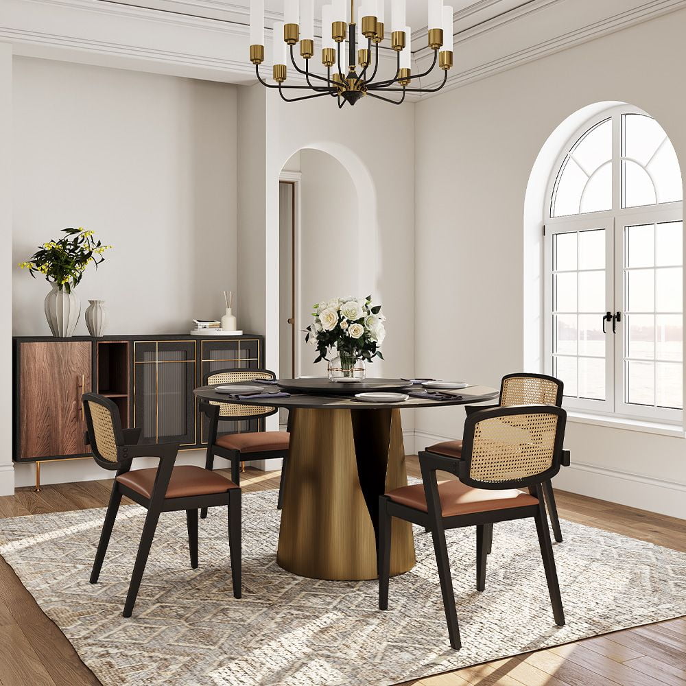 POVISON 51in Modern Black Round Dining Table with Lazy Susan for 4¡°?Matte Sintered Stone Table, Bronze Carbon Steel Base