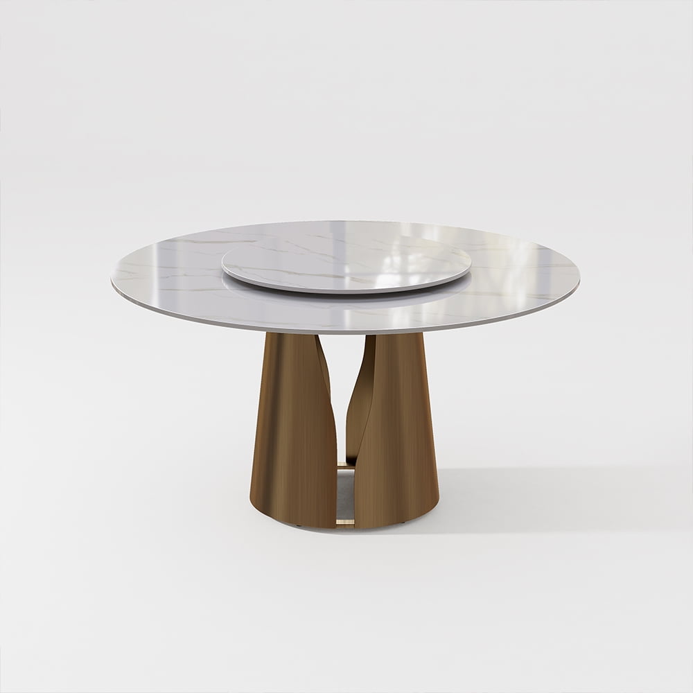 POVISON 59in Modern White Round Dining Table with Lazy Susan for 6, Glossy Sintered Stone Table, Bronze Carbon Steel Base