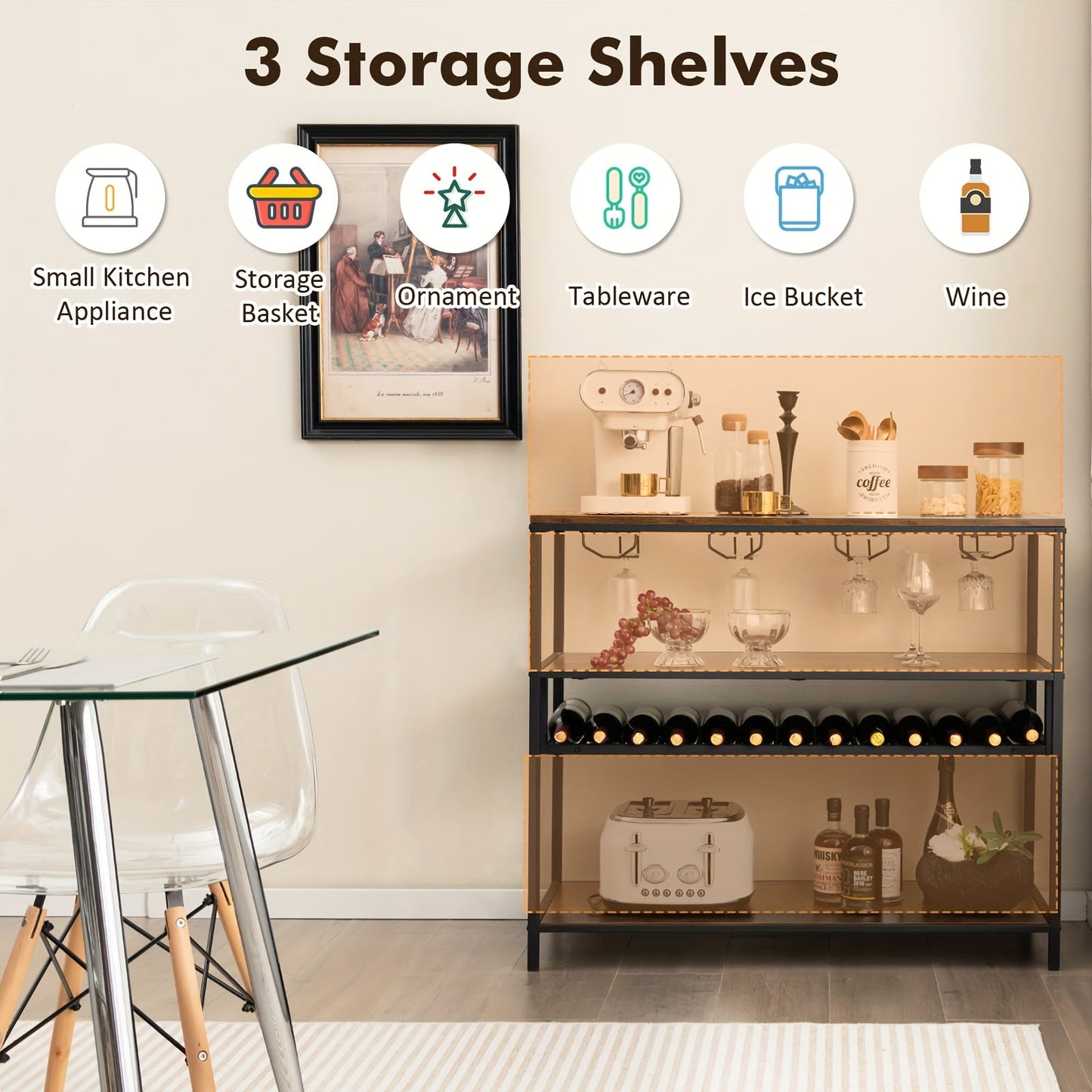 1pc Storage Cabinet, Rustic Wine Rack Ornament, Freestanding Bar Cabinet With Glass Holder, Holds 13 Bottles, For Living Room, Pantry, Bar And Restaurant, Home Organizers And Storage, Home Accessories