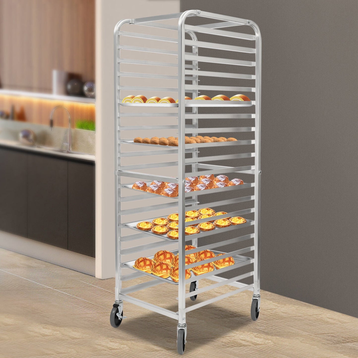 20 Sheet Aluminum Bakery Cooling Rack, Commercial Kitchen Cookie Bun Rack W/ 4 Wheels Silver