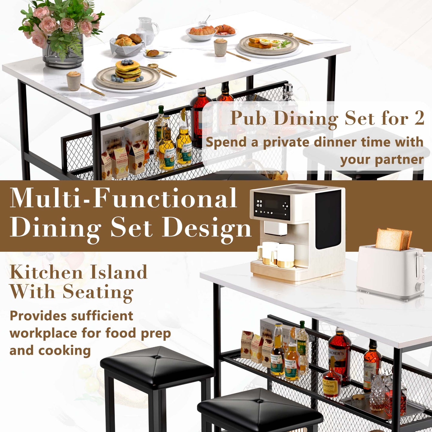 Kitchen Island With Seating, Faux Marble Counter Height Dining Set for 2, 3 Piece Dining Pub Set with Storage, Small Bar Dining Table Sets for Breakfast Nook with Upholstered Chairs, Brown