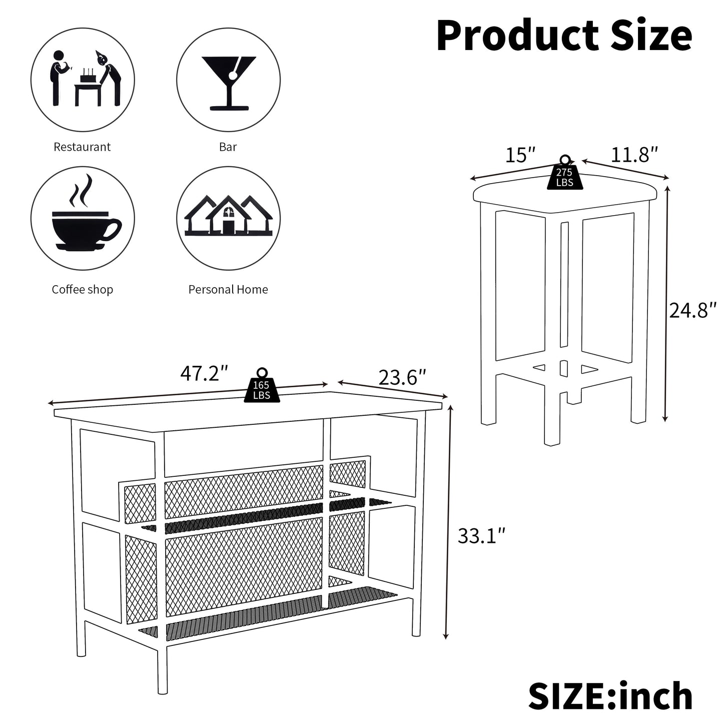 Dining Table Set for 2, Counter Height Bar Table Set with Faux Marble Top, 3-Piece Kitchen Island Set with 2 Stools and 2-Tier Shelves, Pub Dinette Set for Small Spaces, Brown, L0329