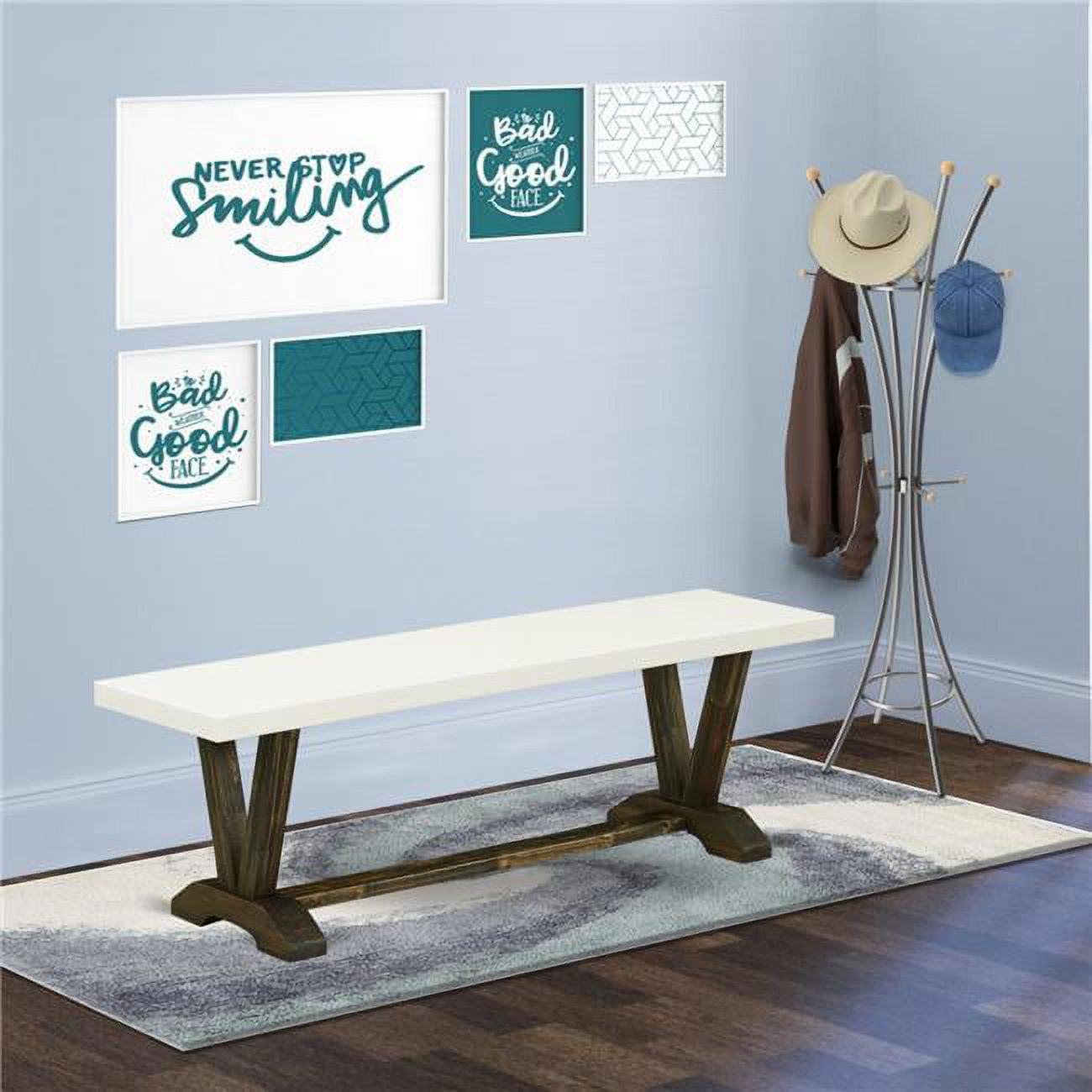 15 x 60 in. V-Style Dining Bench with Distressed Jacobean 418 Leg & Linen White Top