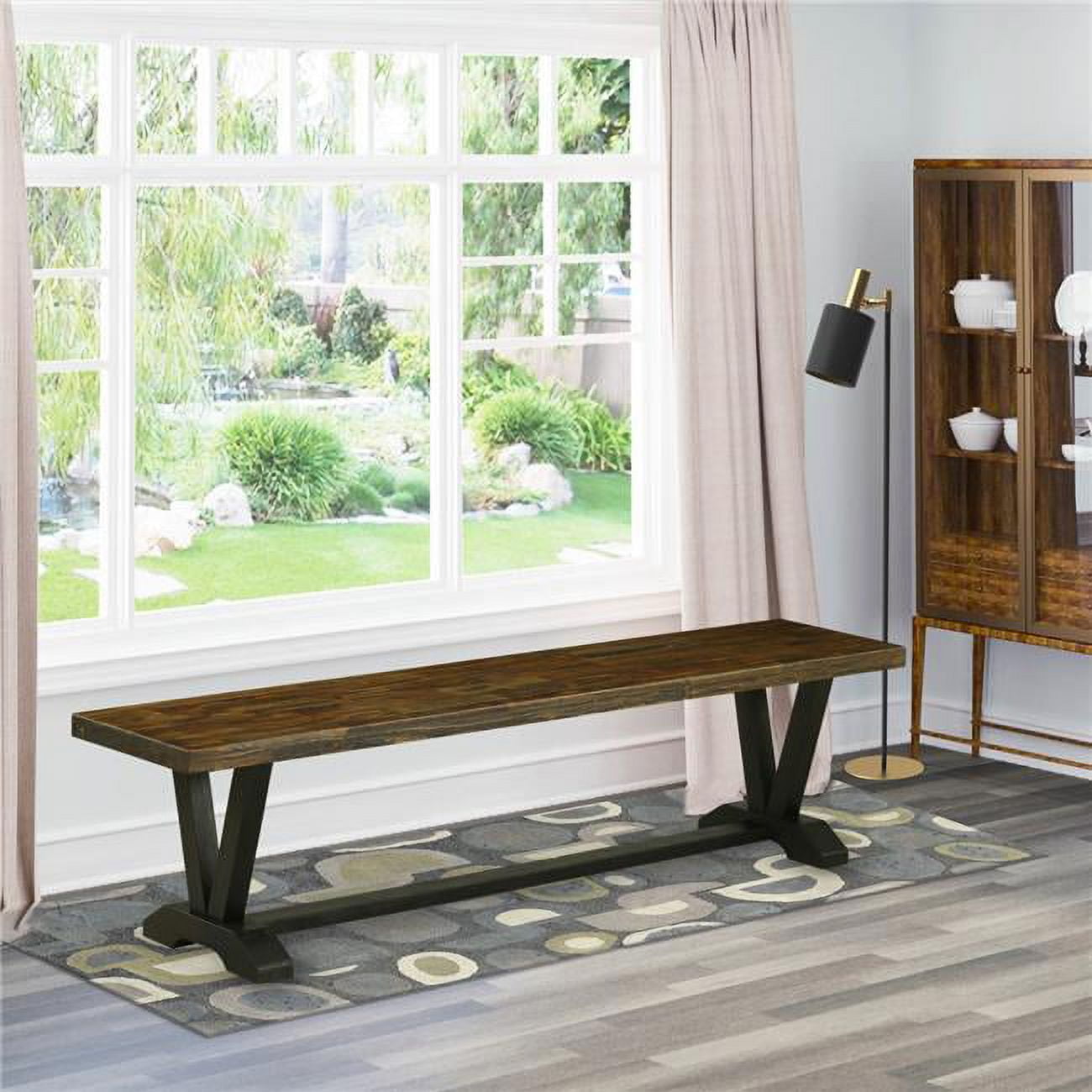 15 x 72 in. V-Style Dining Bench with Wirebrushed Black Leg & Distressed Jacobean 418 Top