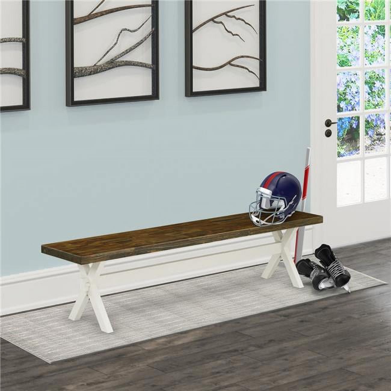 15 x 72 in. V-Style Dining Bench with Wirebrushed Linen White Leg & Distressed Jacobean 418 Top