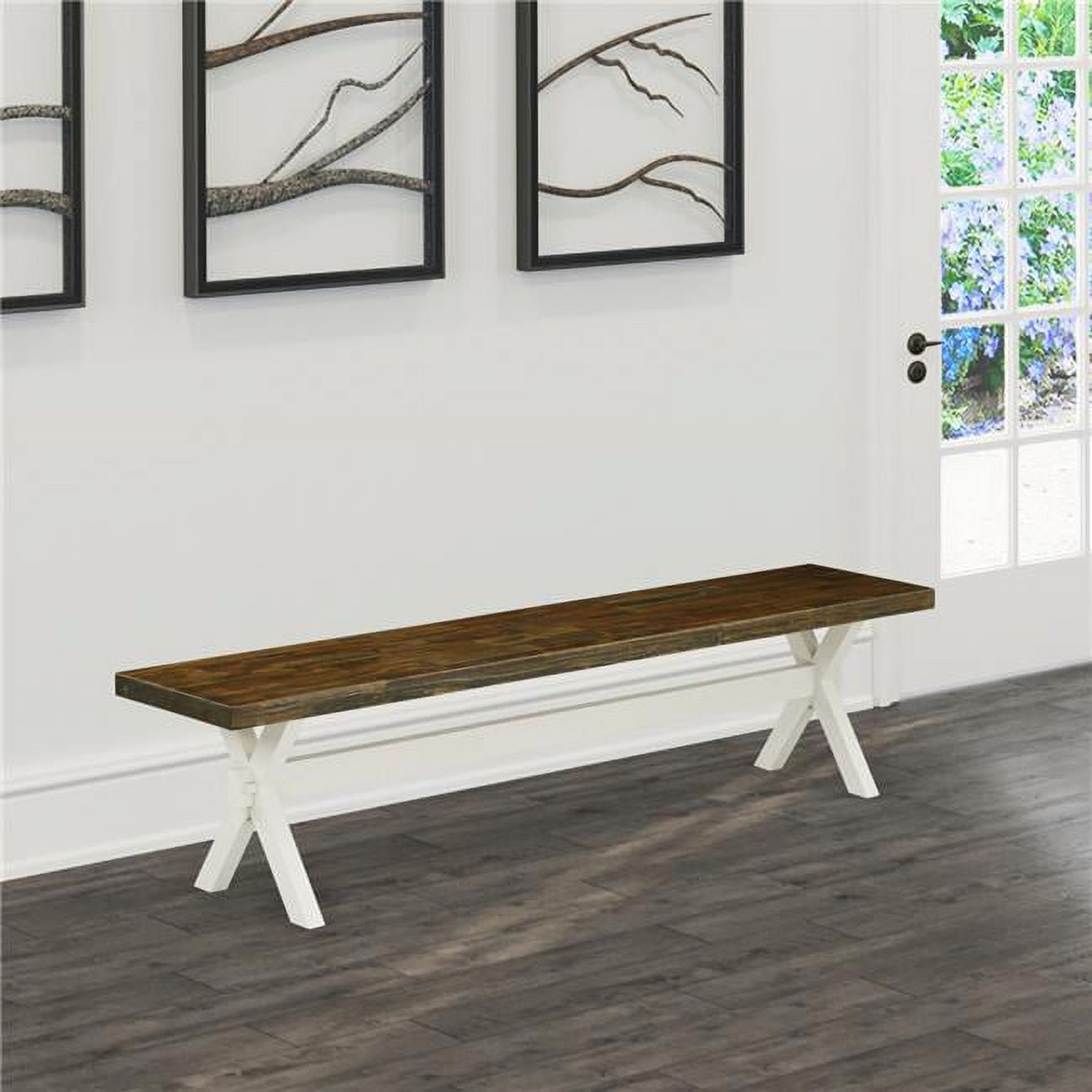 15 x 72 in. X-Style Dining Bench with Wirebrushed Linen White Leg & Distressed Jacobean 418 Top