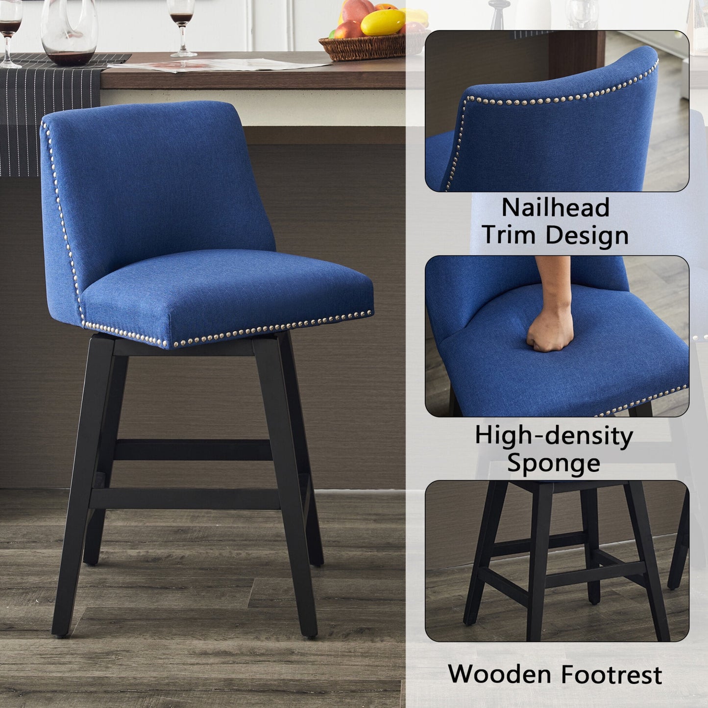 26in Swivel Bar Stools Set of 2, Counter Height Barstools with Nailhead Trims Back, Upholstered Bar Chairs with Wood Legs and Footrest, for Kitchen Island Bar Cafe, Blue