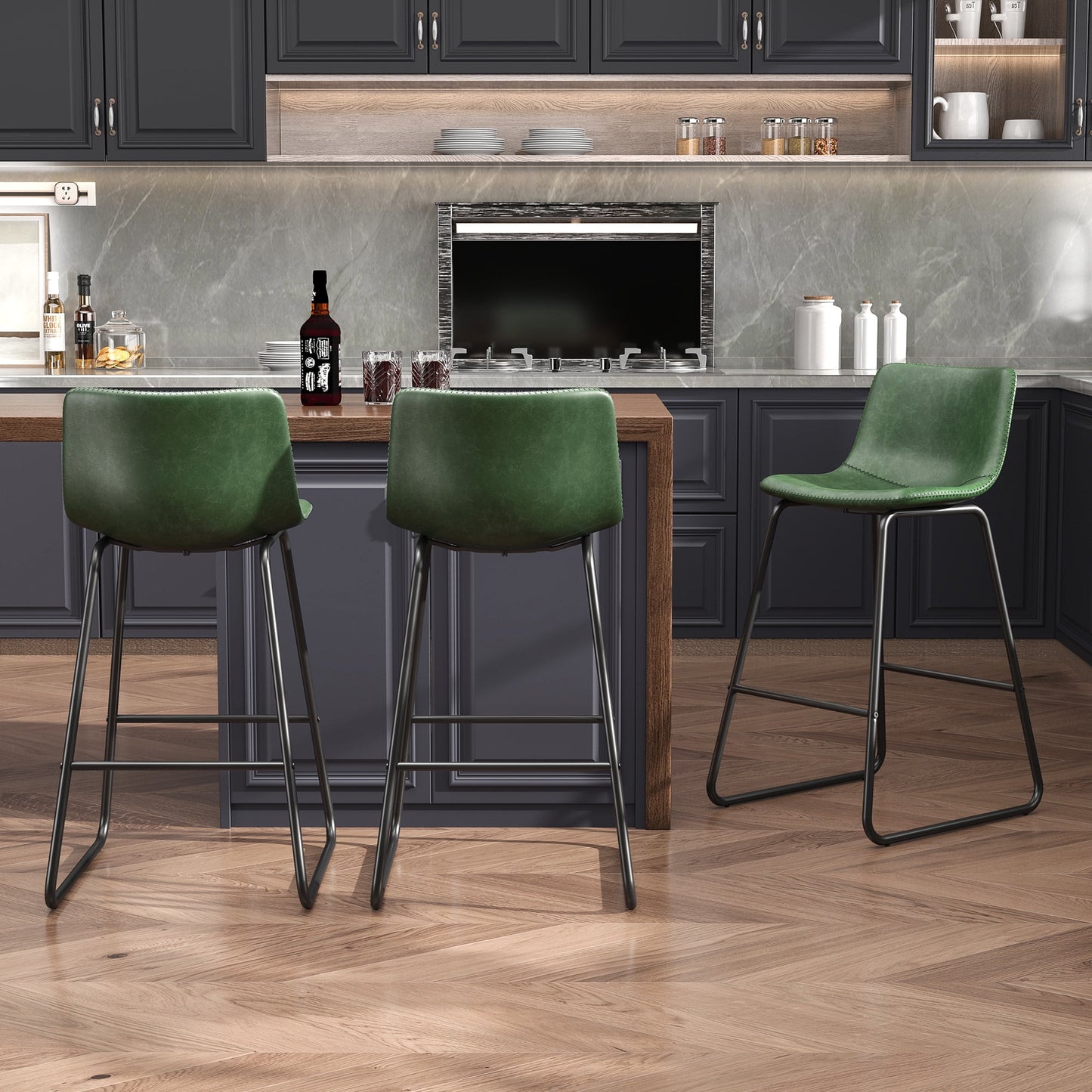 YaFiti Bar Stools 26in Faux Leather Counter Height Barstools with Back Set of 6, Modern Counter Stools with Metal Legs and Footrest, Armless Chairs with Back for Kitchen Living Room Pub, Green