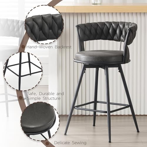 26 inch Bar Stool Set of 2, 360?? Swivel Counter Barstool with Backrest, Upholstered Hand-Woven Barstool, Modern Bar Chair with Footrest ,Black gray
