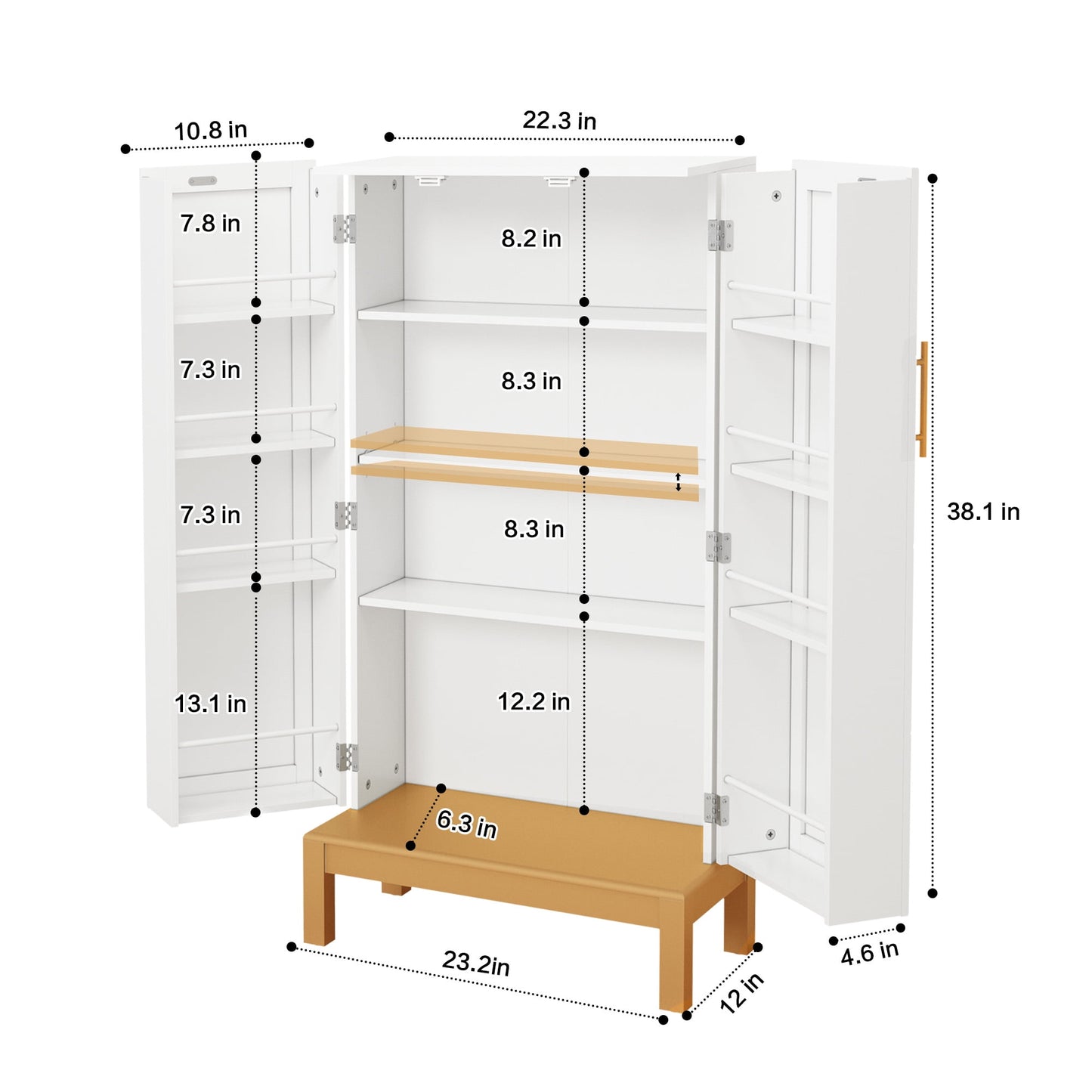 CBJCBJ 45in H Modern Kitchen Pantry Cabinet with 2-Door Adjustable Shelves and Golden Feet, White