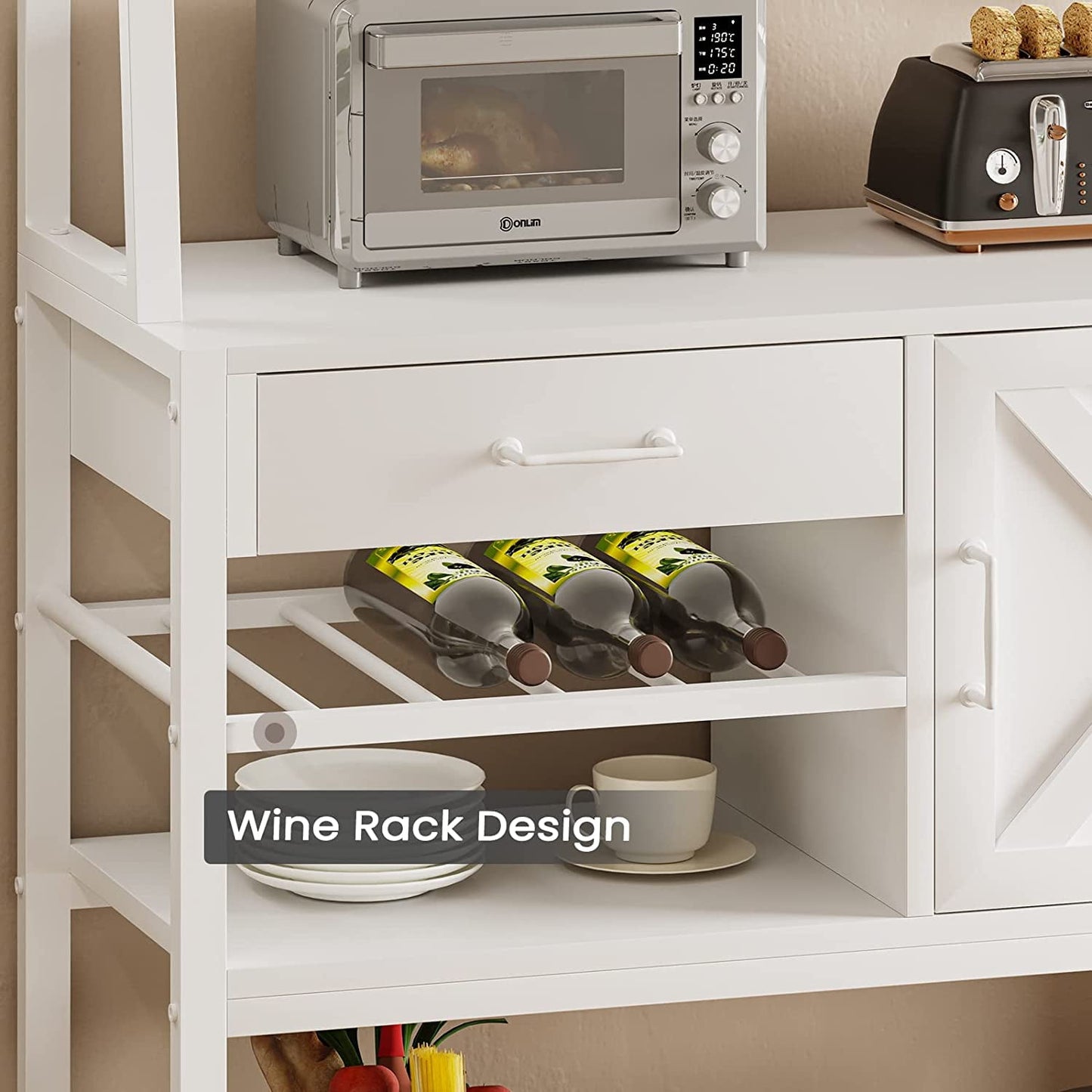 DICTAC Baker's Rack: Kitchen Stand with Microwave Storage, Cupboard, Wine Rack, Drawers, in White