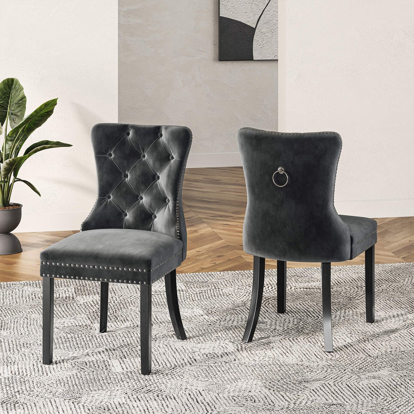 BELLEZE Upholstered Dining Chairs Set of 2, Velvet Luxury Dining Room Chairs with Button Back, Nailhead Trim, Pull-ring, Solid Wood Legs for Kitchen, Living Room, Restaurant - Chandler (Grey)