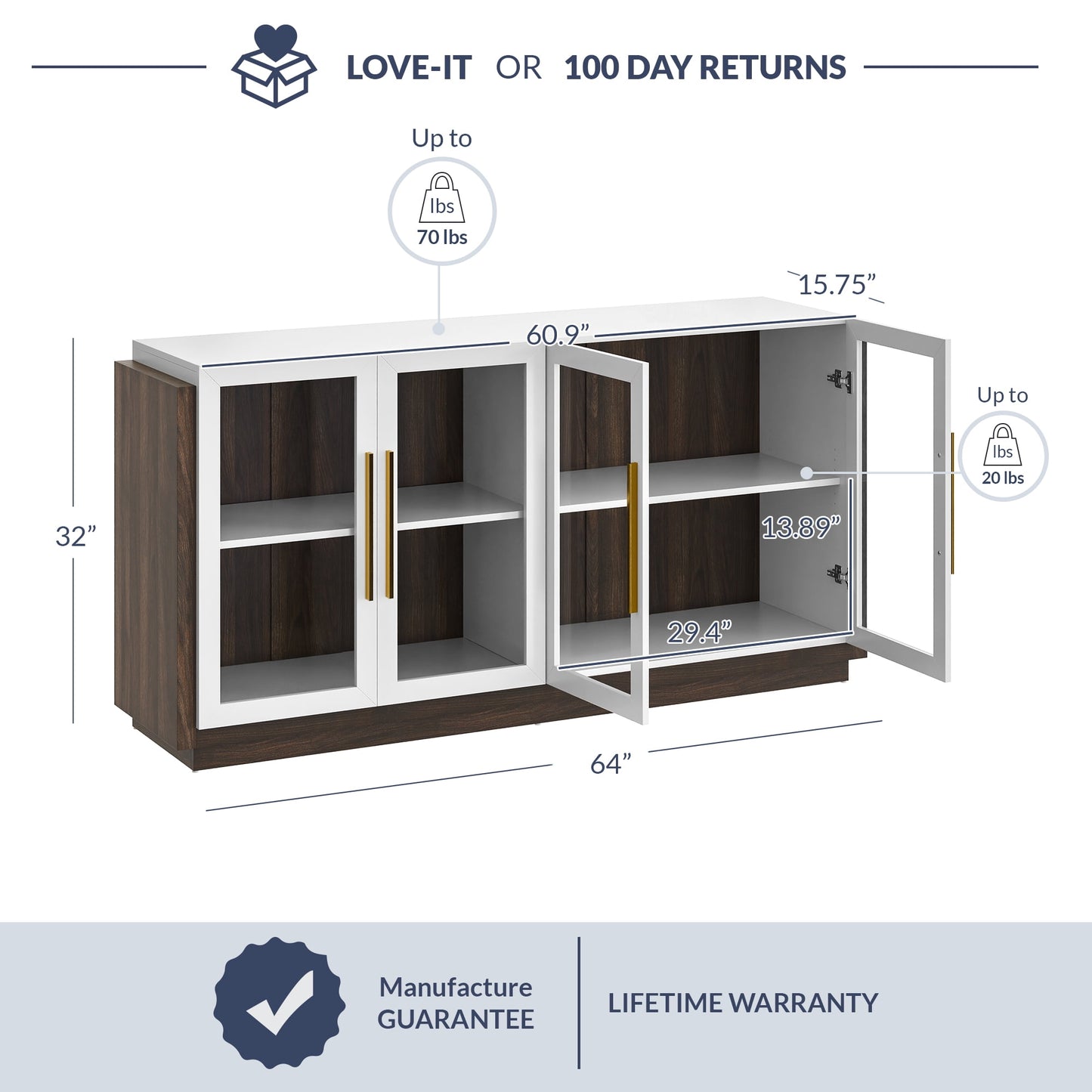 BELLEZE Sideboard Buffet Cabinet, Modern Wood Glass-Buffet-Sideboard with Storage, Console Table for Kitchen, Dinning Room, Living Room, Hallway, or Entrance - Brixston (White)