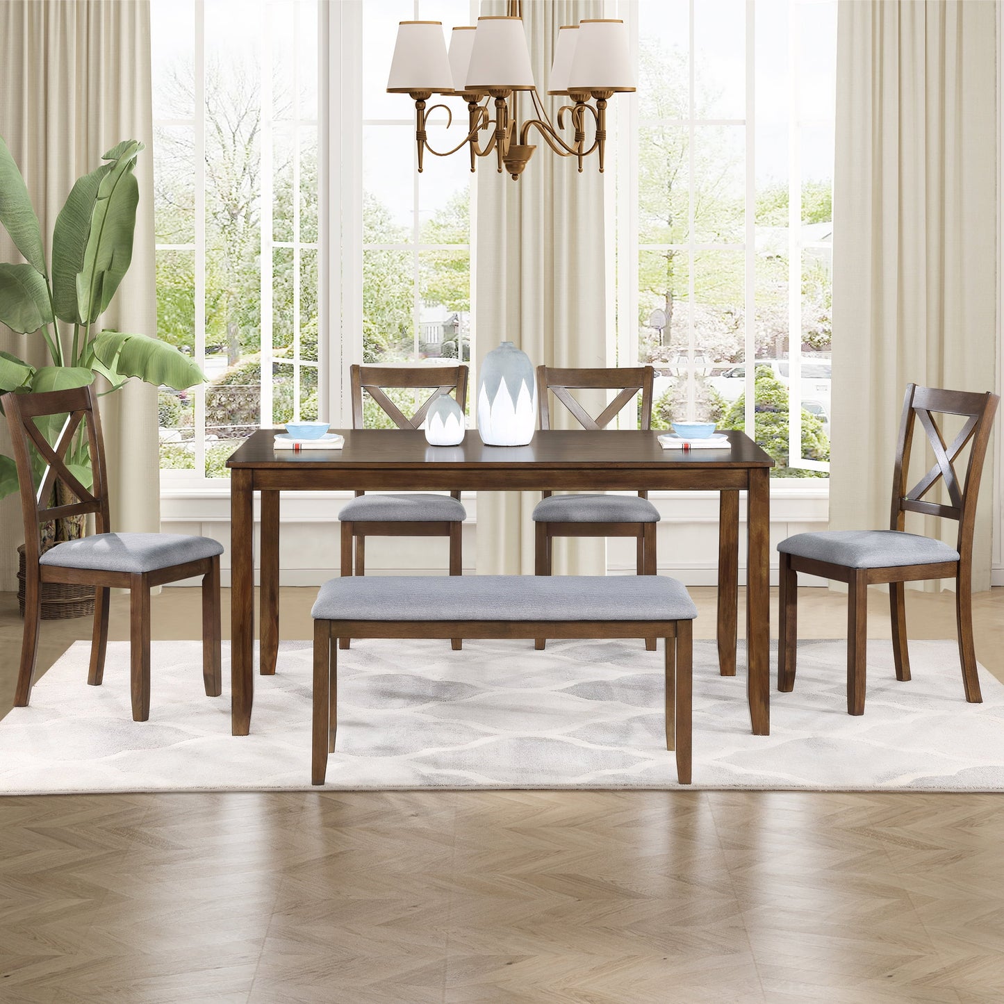 Farmhouse 6-Piece Dining Set with Bench, Solid Wood Table, Upholstered Chairs, Brown