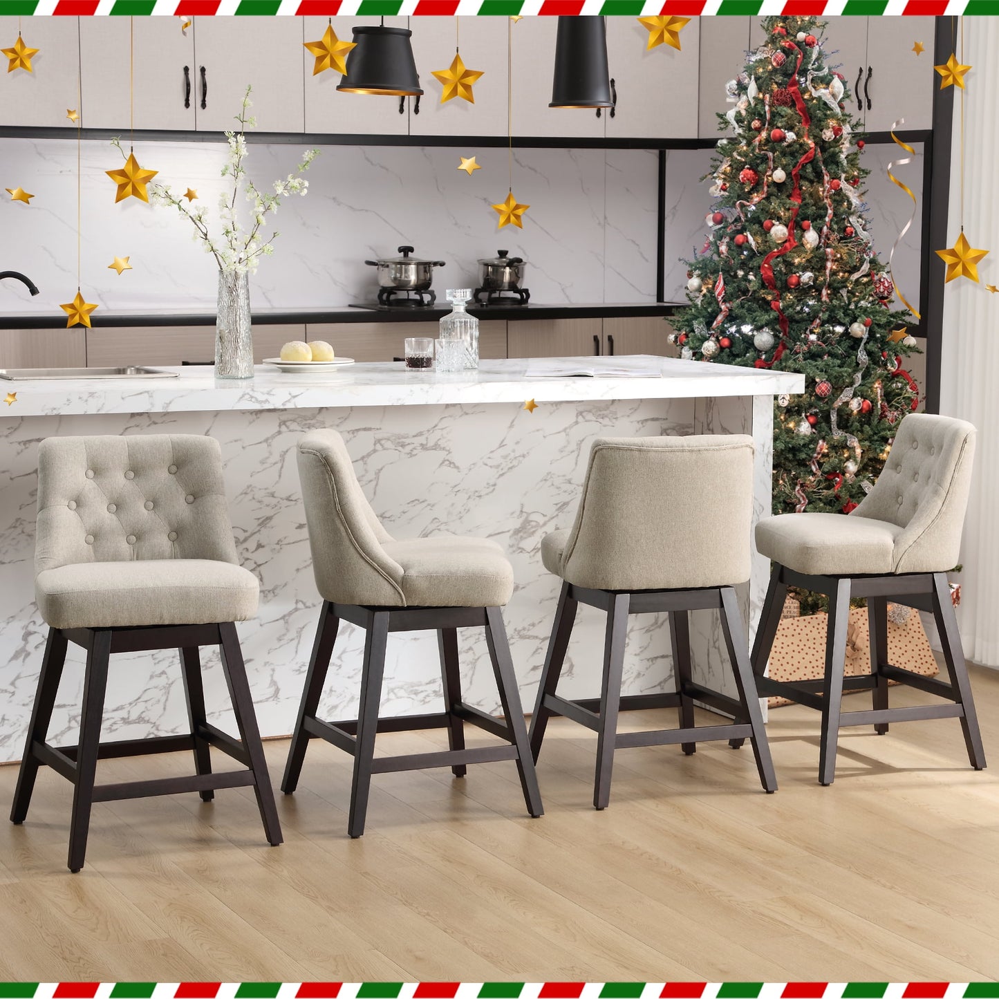 TEWLOSS Bar Stools Set of 4 Fabric Swivel Counter Height Bar Stools for Kitchen Island (26in , Beige)