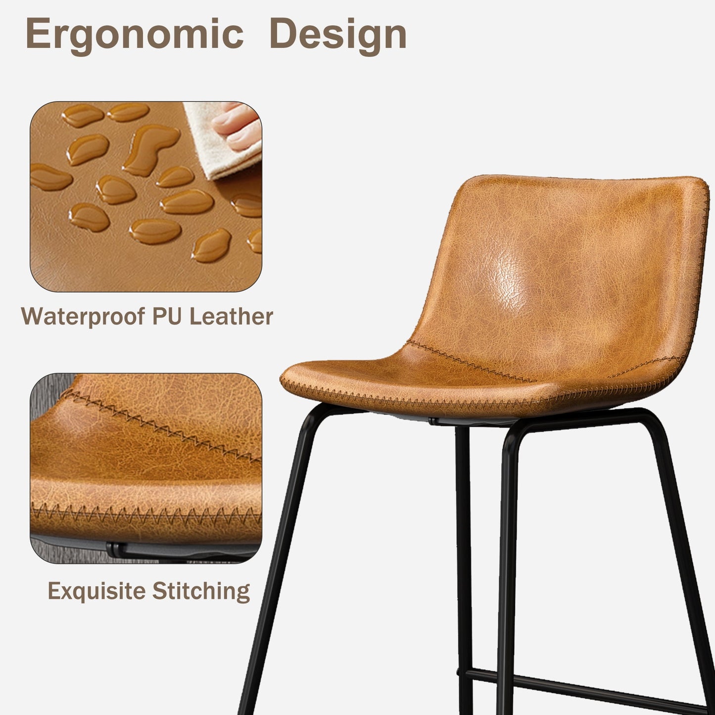 YaFiti Bar Stools 26in Faux Leather Counter Height Barstools with Back Set of 3, Modern Counter Stools with Metal Legs and Footrest, Armless Chairs with Back for Kitchen Living Room Pub, Whiskey Brown