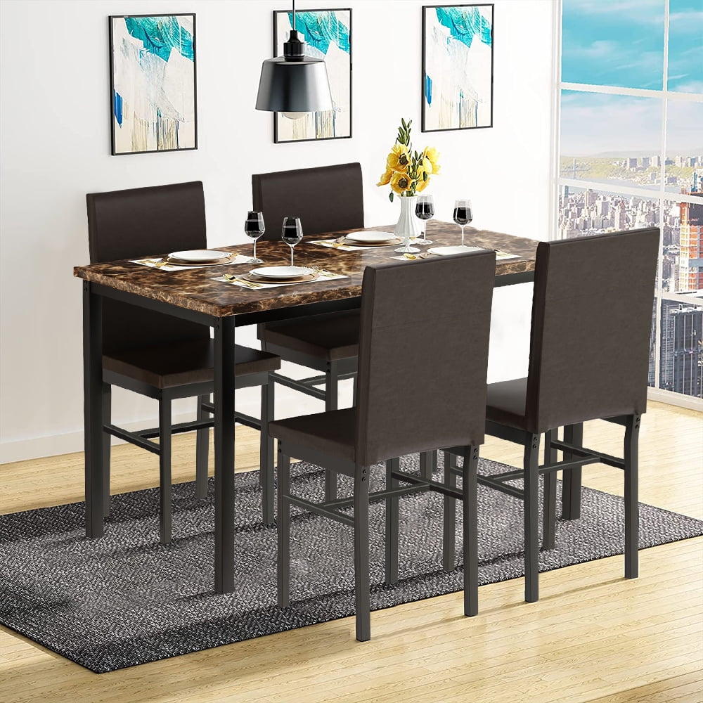SEGAMRT 5 Piece Dining Table Set for Apartments, Faux Marble Tabletop 4 Leather Chairs Kitchen Dining