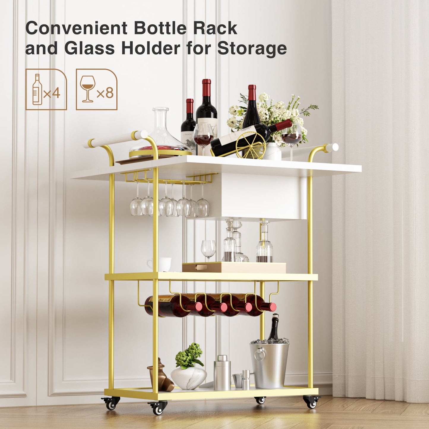 Veanerwood 3 Tier Home Bar Serving Cart on Wheels with Storage and Extendable Countertop, White