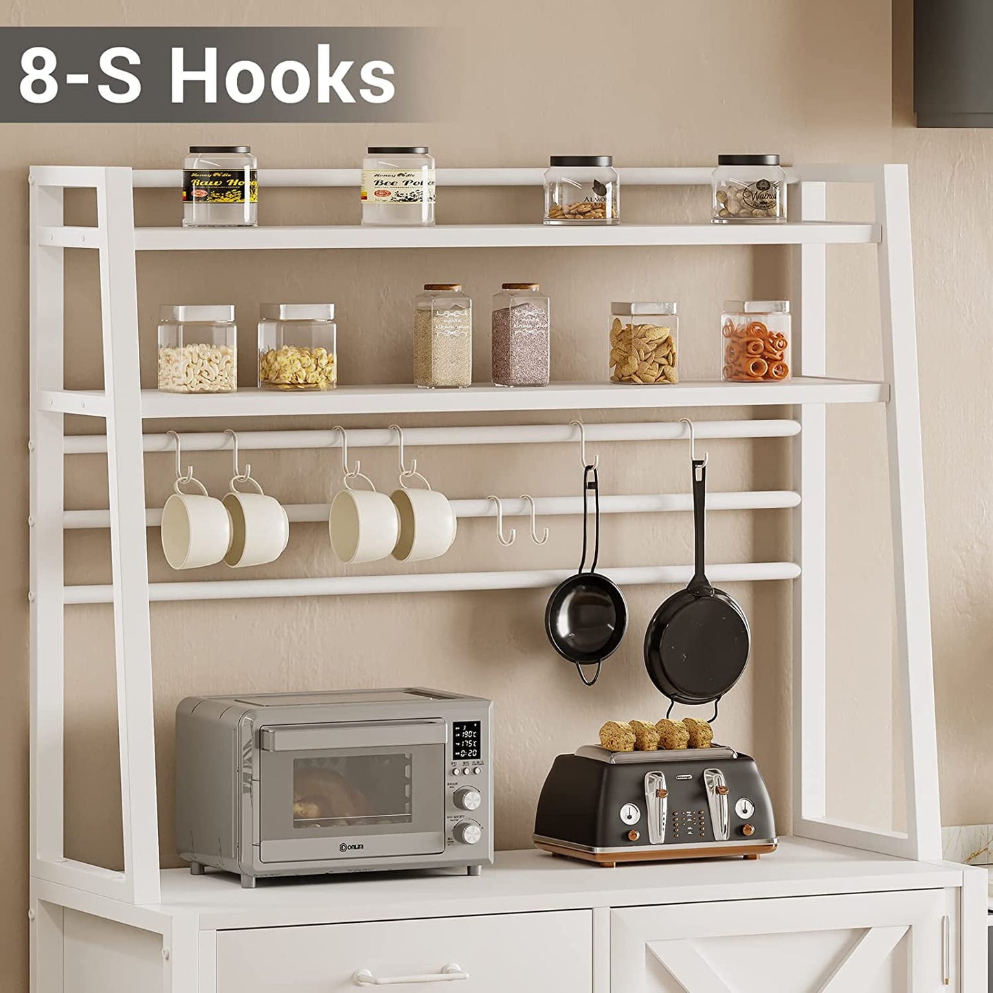 DICTAC Baker's Rack: Kitchen Stand with Microwave Storage, Cupboard, Wine Rack, Drawers, in White