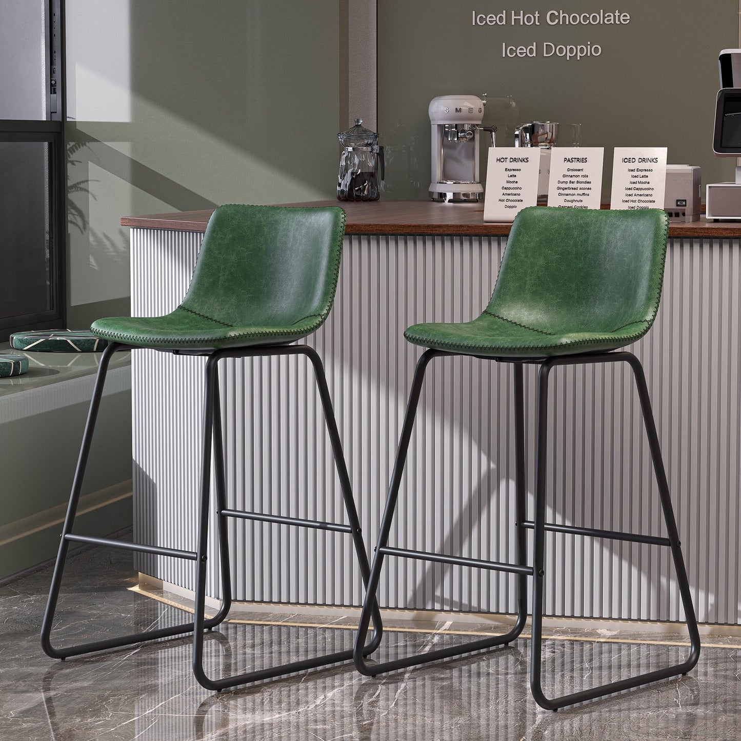 YaFiti Bar Stools 26in Faux Leather Counter Height Barstools with Back Set of 2, Modern Counter Stools with Metal Legs and Footrest, Armless Chairs with Back for Kitchen Living Room Pub, Green