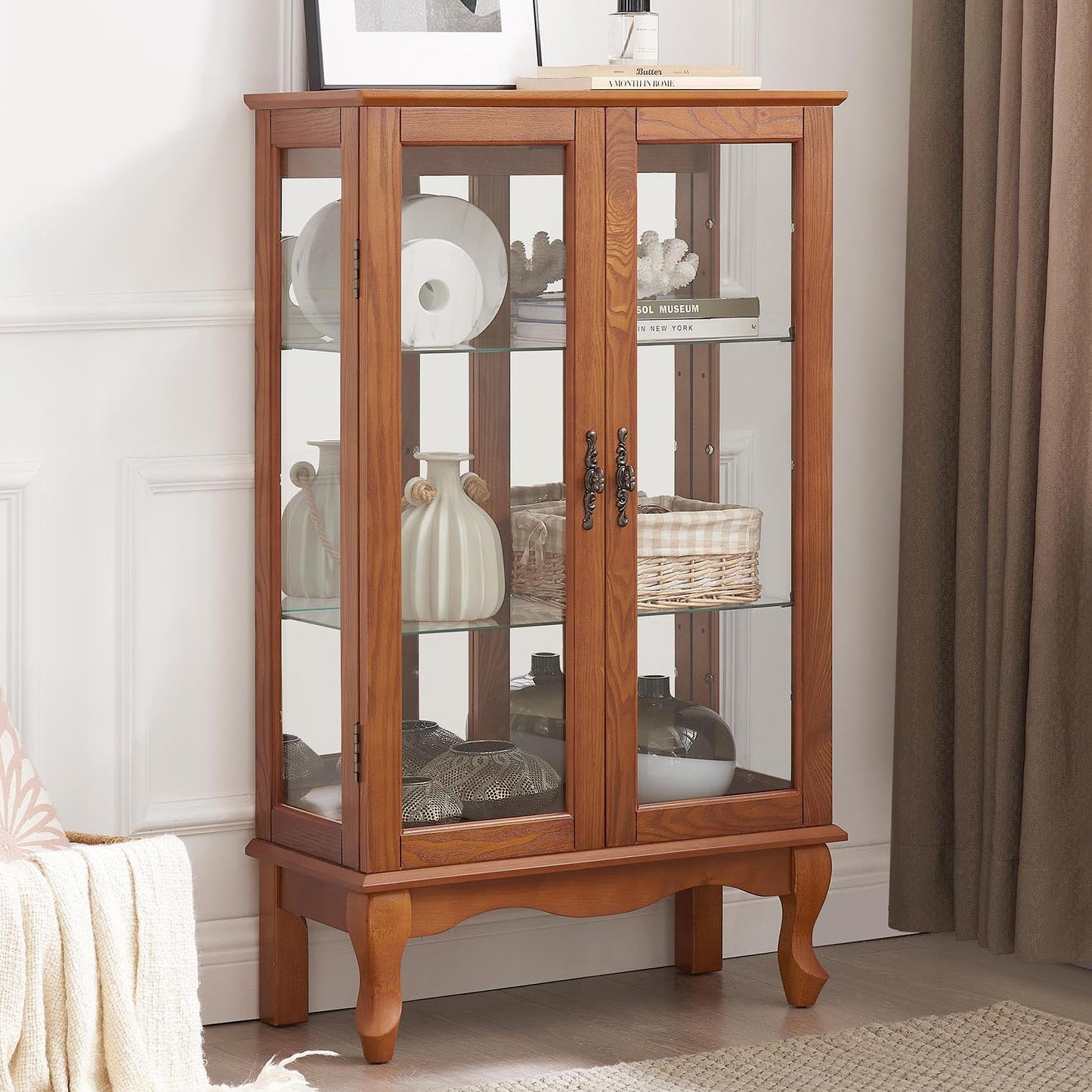 2 Doors Curio Cabinet with Tempered Glass Doors, Curio Cabinets with Mirrored Back Panel and Adjustable Shelves, Lighted Display Cabinet for Home, Office Light Bulb Included Oak