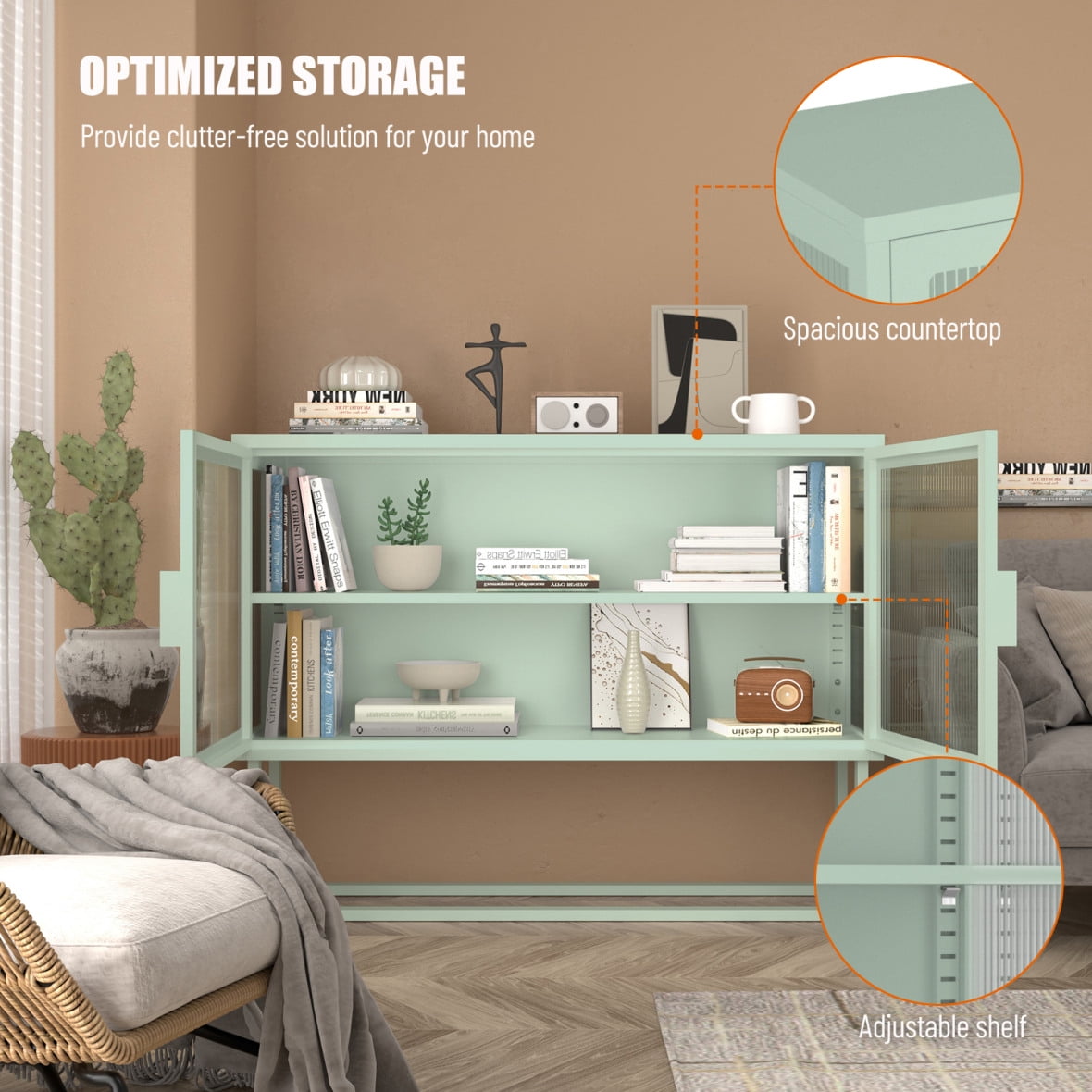 2-Tier Stylish Tempered Glass Cabinet, Fluted Glass Sideboard Buffet Cabinet with 2 Door, Modern Enclosed Cupboard Adjustable Shelf U-shaped Leg for Kitchen Living Room ,Blue