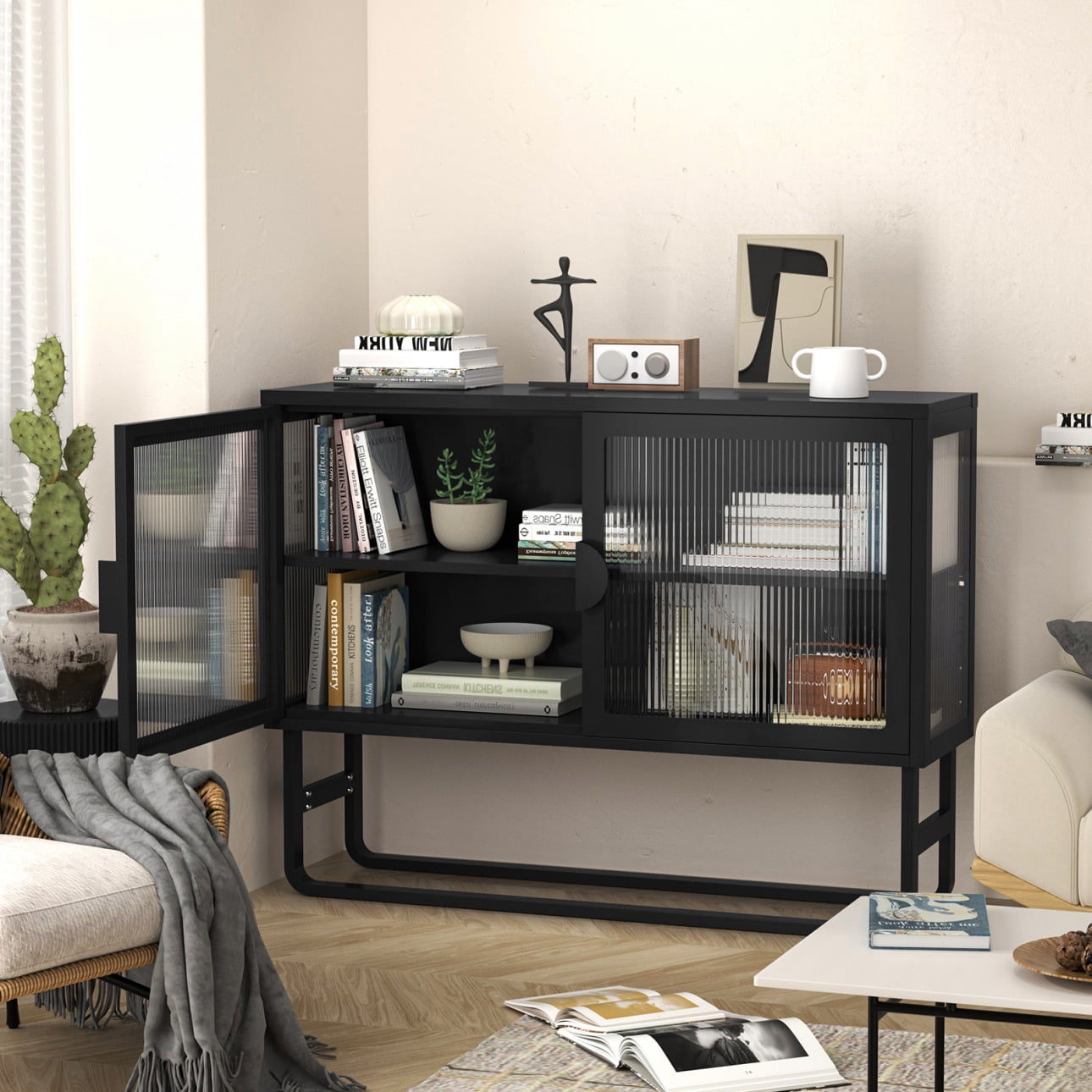 2-Tier Stylish Tempered Glass Cabinet, Fluted Glass Sideboard Buffet Cabinet with 2 Door, Modern Enclosed Cupboard Adjustable Shelf U-shaped Leg for Kitchen Living Room ,Blue