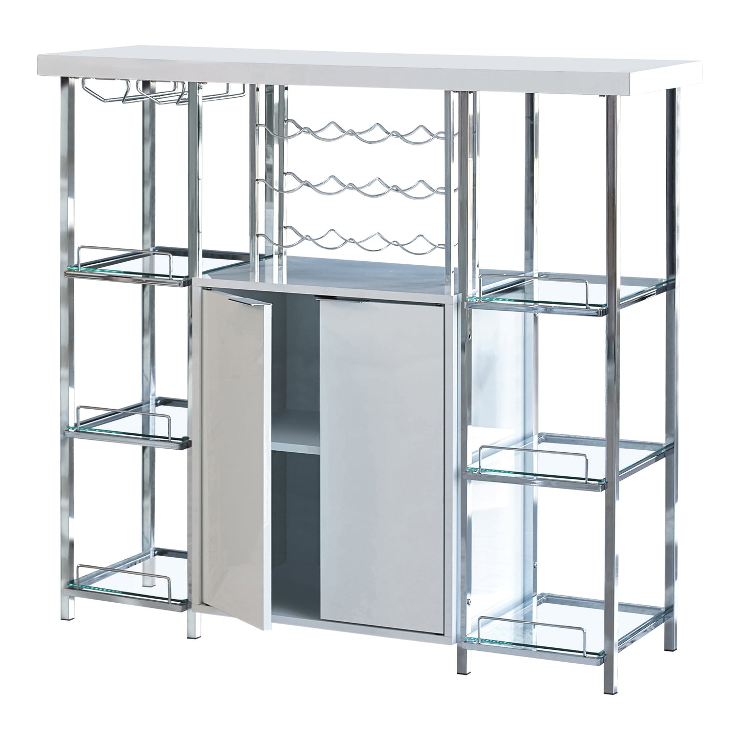 2-door Bar Cabinet with Glass Shelf White High Gloss and Chrome