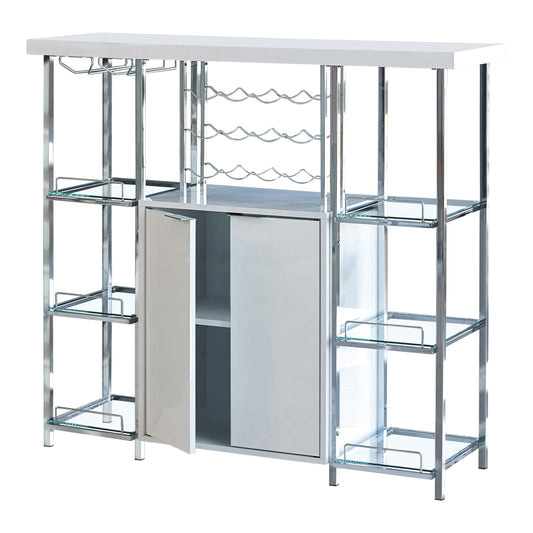 2-door Bar Cabinet with Glass Shelf White High Gloss and Chrome