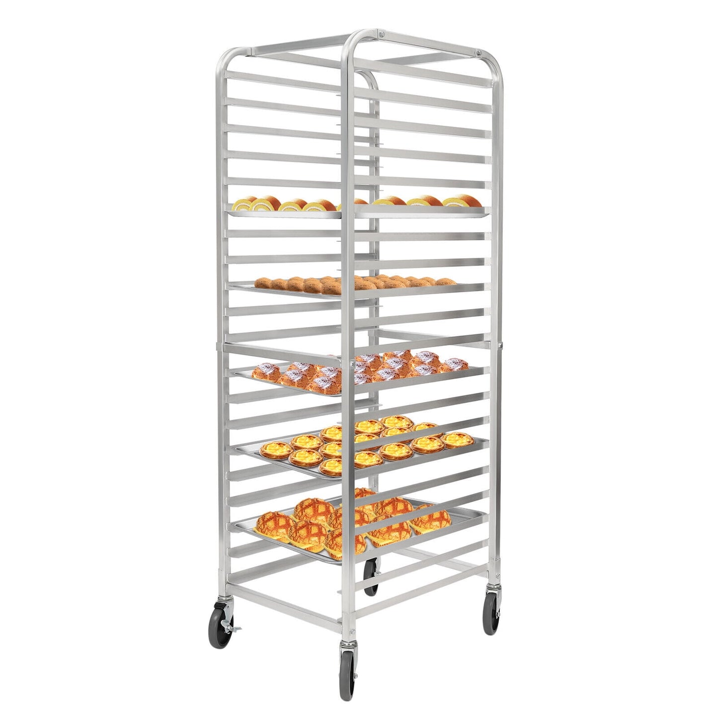 20 Sheet Aluminum Bakery Cooling Rack, Commercial Kitchen Cookie Bun Rack W/ 4 Wheels Silver