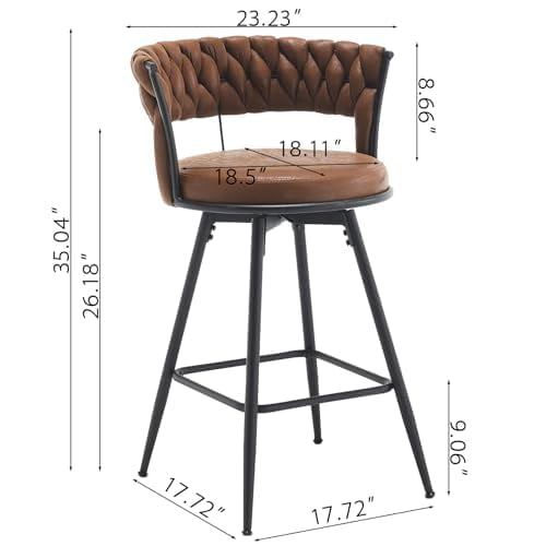 26 inch Bar Stool Set of 2, 360?? Swivel Counter Barstool with Backrest, Upholstered Hand-Woven Barstool, Modern Bar Chair with Footrest ,Brown