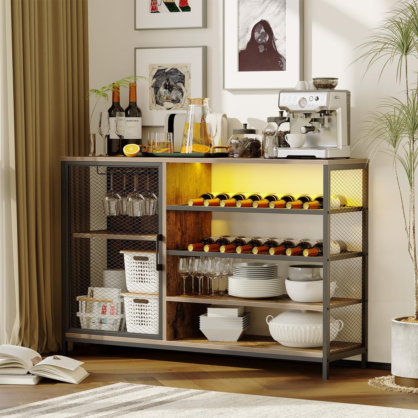 2024 New Bar Cabinet Wine Cabinet with Power Outlets, Liquor Cabinet with RGB Led Lights and Glass Holder, Storage Buffet Cabinet Coffee Bar Cabinet for Liquor, for Living Room