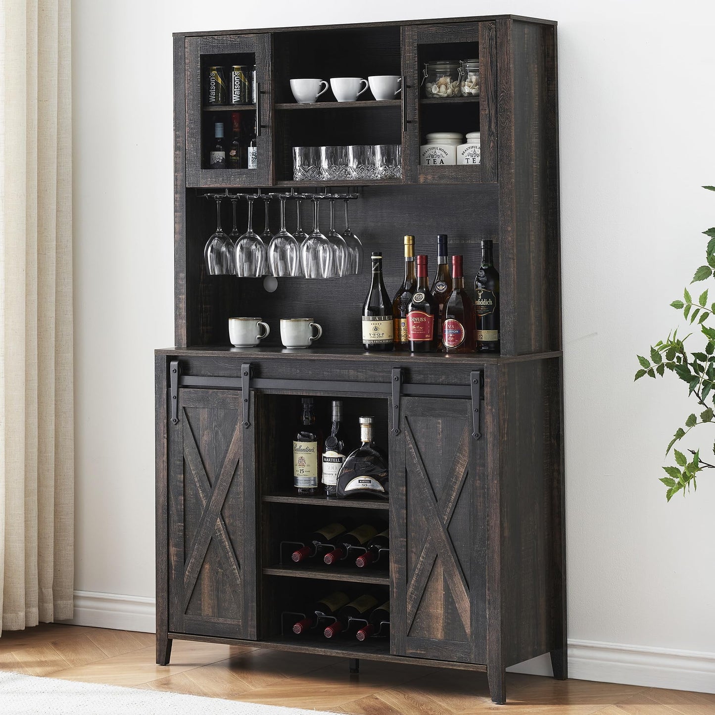 2024 New Farmhouse Coffee Bar Cabinet with Sliding Barn Door, 72in Tall Buffet Cabinet with Storage Shelves, Liquor Cabinet with Wine and Glasses Rack,Sideboard Cupboard for Kitchen,Dining Room