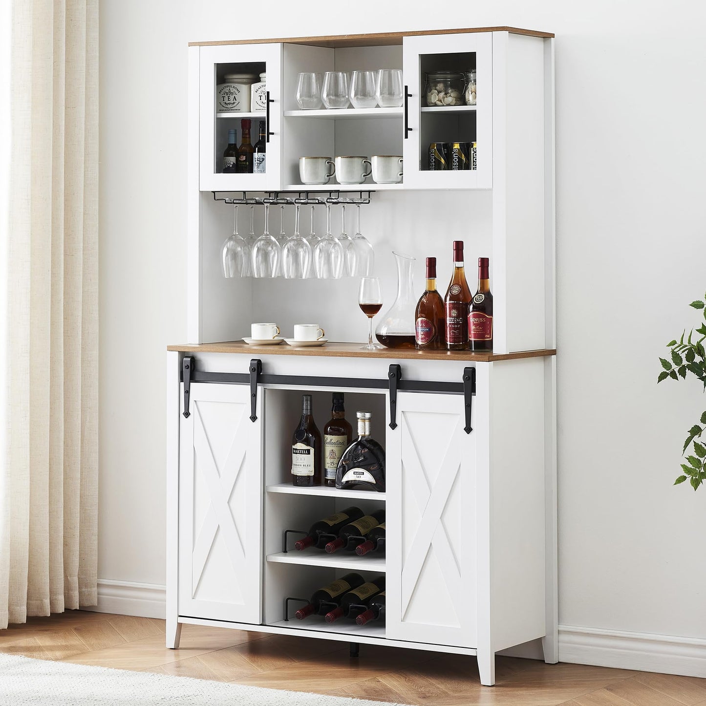 2024 New Farmhouse Coffee Bar Cabinet with Sliding Barn Door, 72in Tall Buffet Cabinet with Storage Shelves, Liquor Cabinet with Wine and Glasses Rack,Sideboard Cupboard for Kitchen,Dining Room