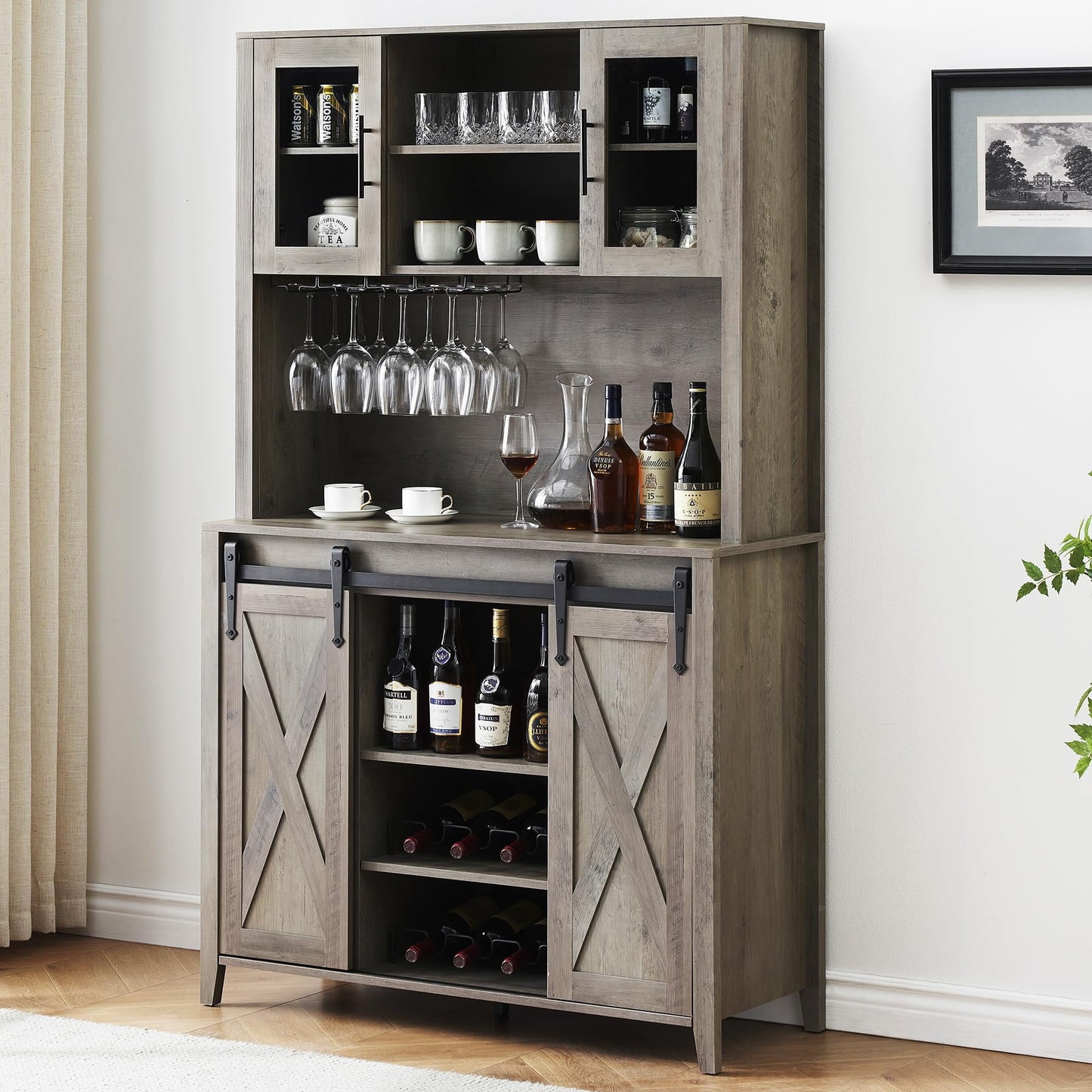 2024 New Farmhouse Coffee Bar Cabinet with Sliding Barn Door, 72in Tall Buffet Cabinet with Storage Shelves, Liquor Cabinet with Wine and Glasses Rack,Sideboard Cupboard for Kitchen,Dining Room