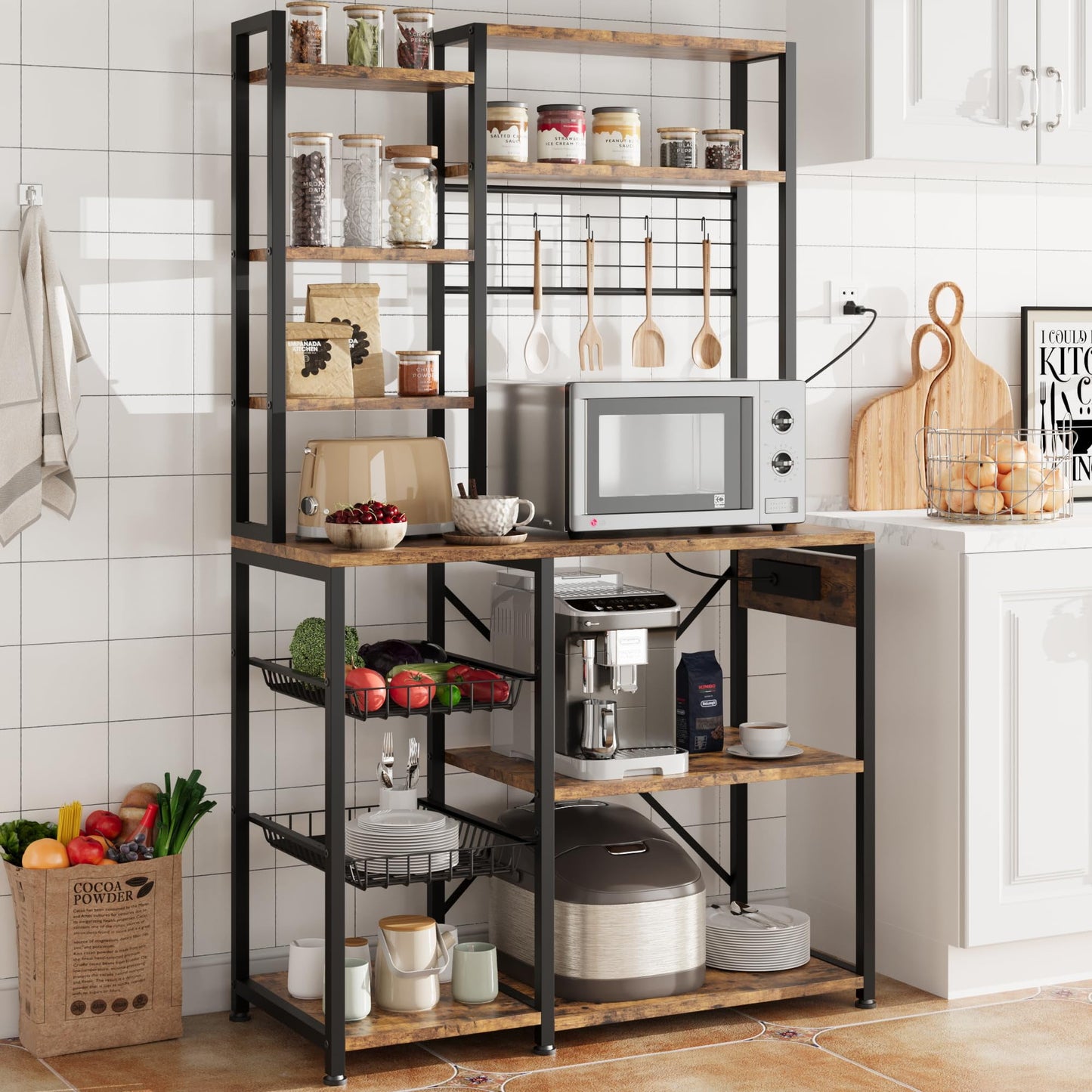 2024 New Standing Baker Rack with Power Output, 7-tier Kitchen Microwave Baker Rack with Storage, Microwave Oven Stand with Hook, Baker Rack for Kitchen, Dining Room