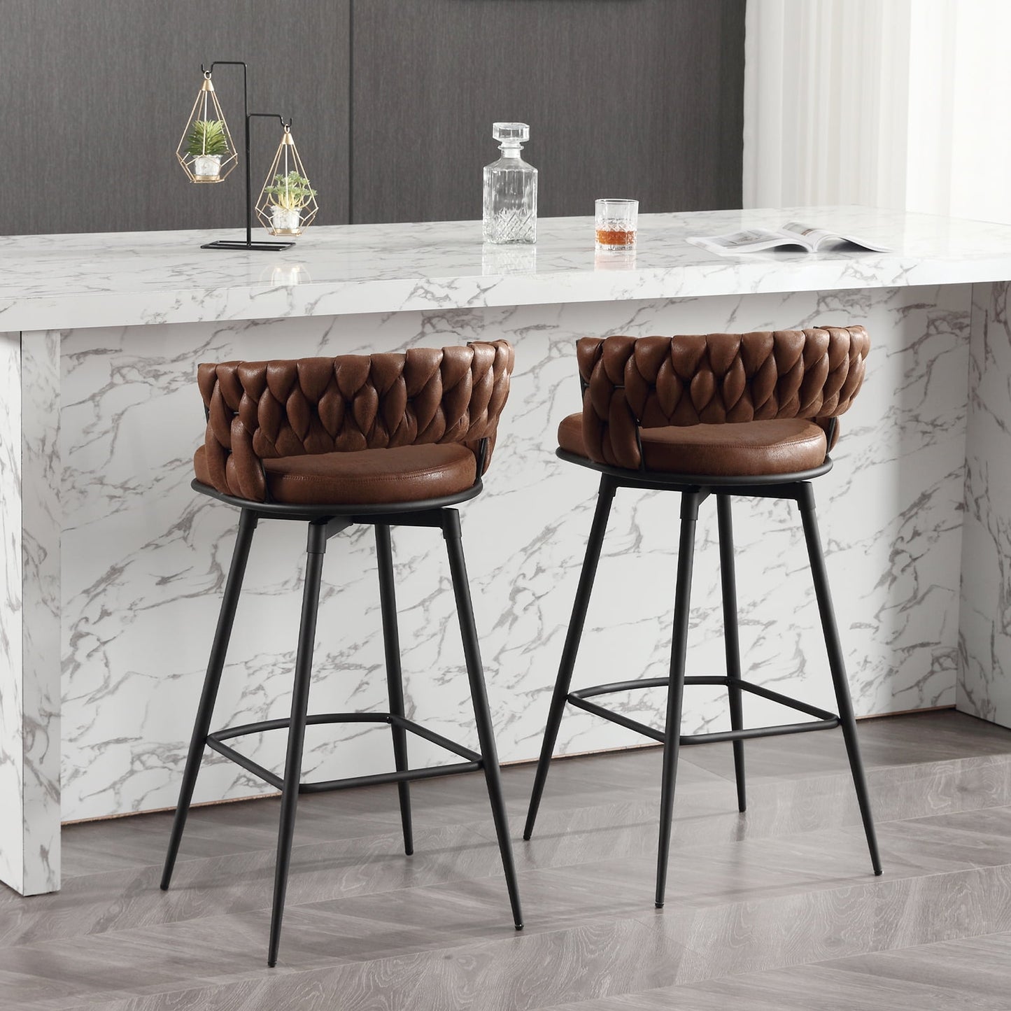 26in Bar Stool Set of 2, Modern Counter Height Barstools with Woven Back and Footrest, 180?? Swivel Suede Fabric Stool Chairs for Kitchen Island, Cafe, Pub, Brown