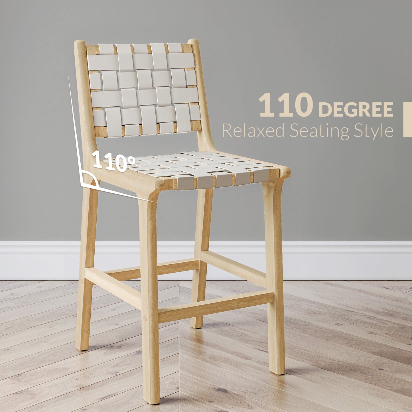 BELLEZE Woven Counter Stools 24 inch Set of 2, Boho Bar Stools with Back Faux Leather Kitchen Stools Island Chairs with Solid Wood Frame for Dining Room Home Kitchen - Morgan (White)