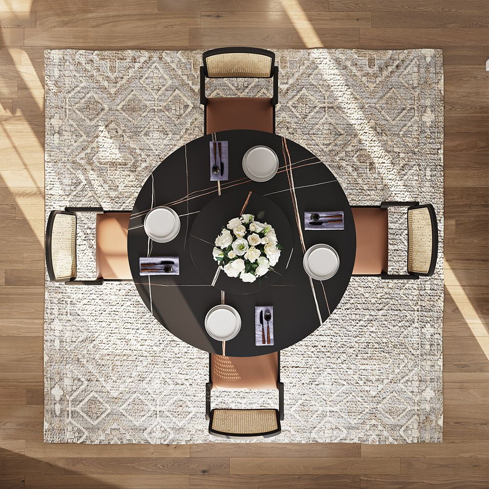 POVISON 51in Modern Black Round Dining Table with Lazy Susan for 4¡°?Matte Sintered Stone Table, Bronze Carbon Steel Base