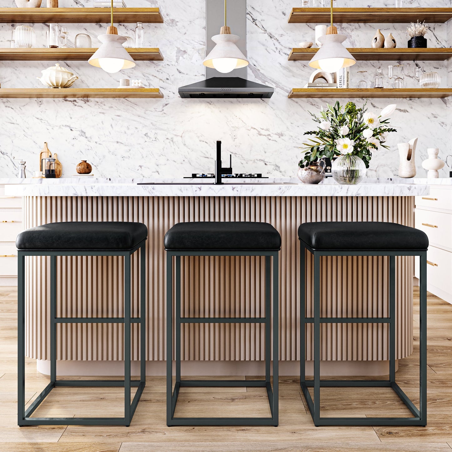 BELLEZE 30in Bar Height Bar Stools Set of 4, PU Leather Backless Barstools, Modern Upholstered Kitchen Stools with Metal Base Kitchen Island Chairs for Bar Pub Bistro, Black & Black