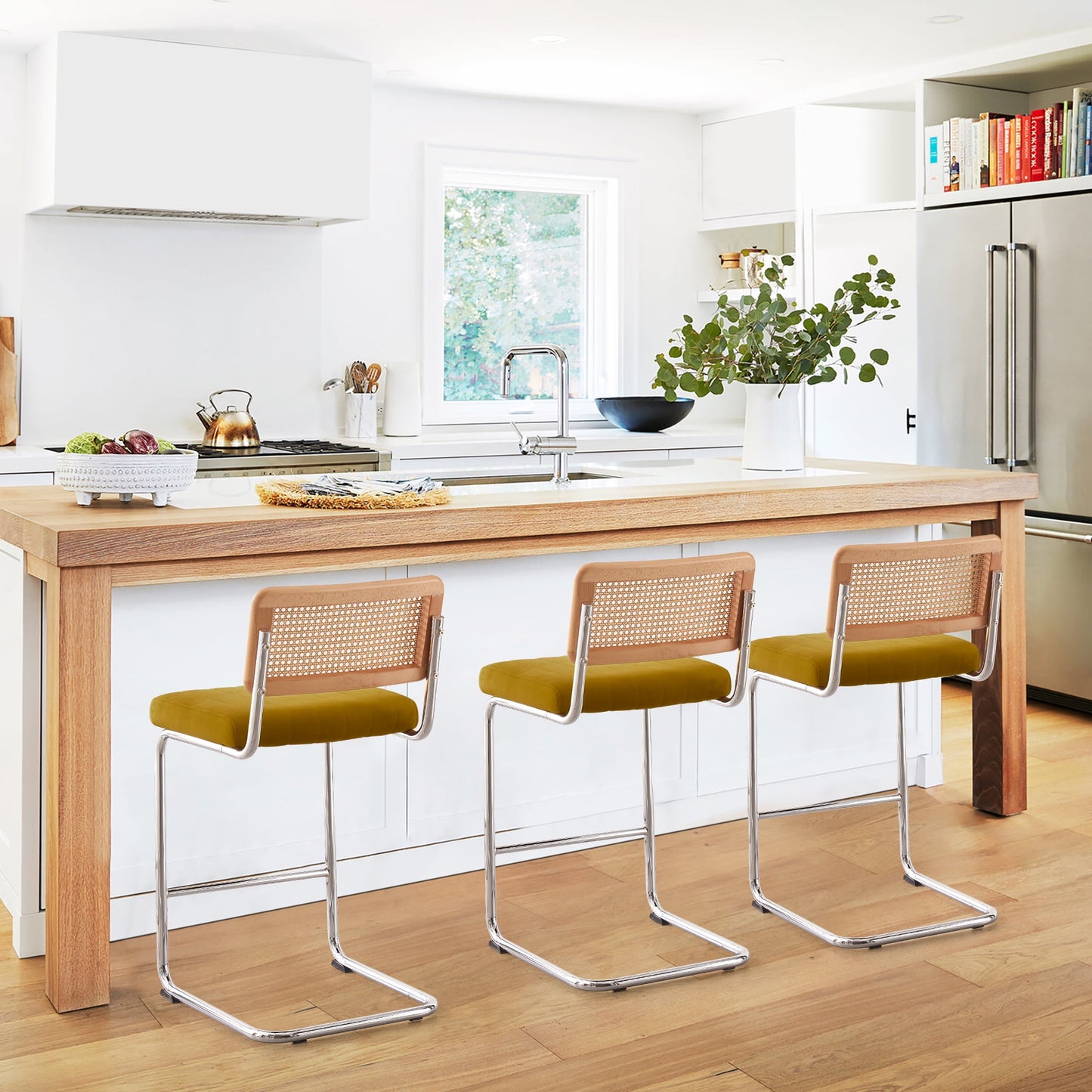 26in Rattan Bar Stools, Set of 2, Rattan Counter Height Velvet Armless Bar Stools with Cane Back for Home Office Kitchen Island