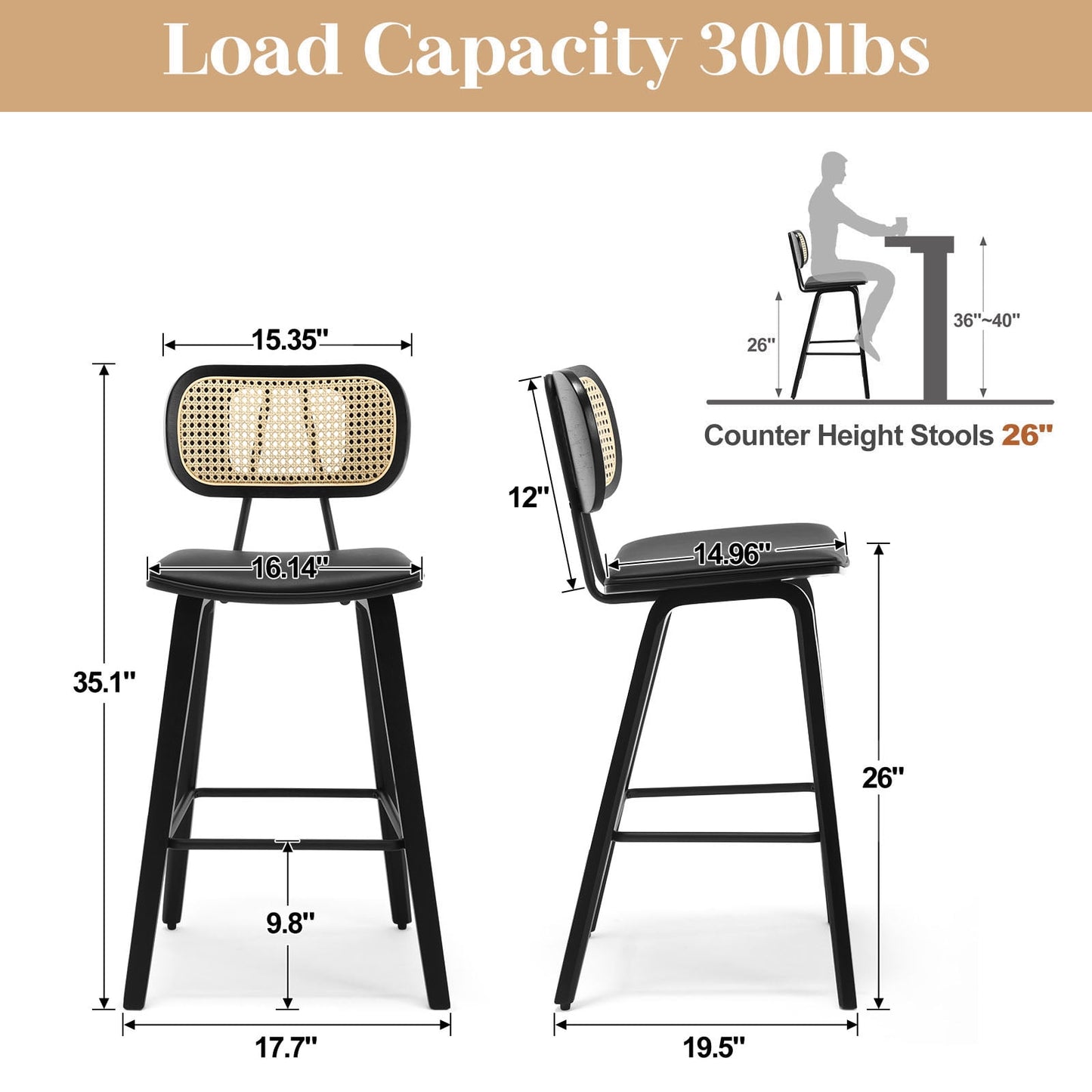 26in Counter Height Bar Stools with Rattan Back Set of 1, Mid Century Modern Wooden Stool PU Leather Upholstered Bar Chair for Kitchen Island Dining Room
