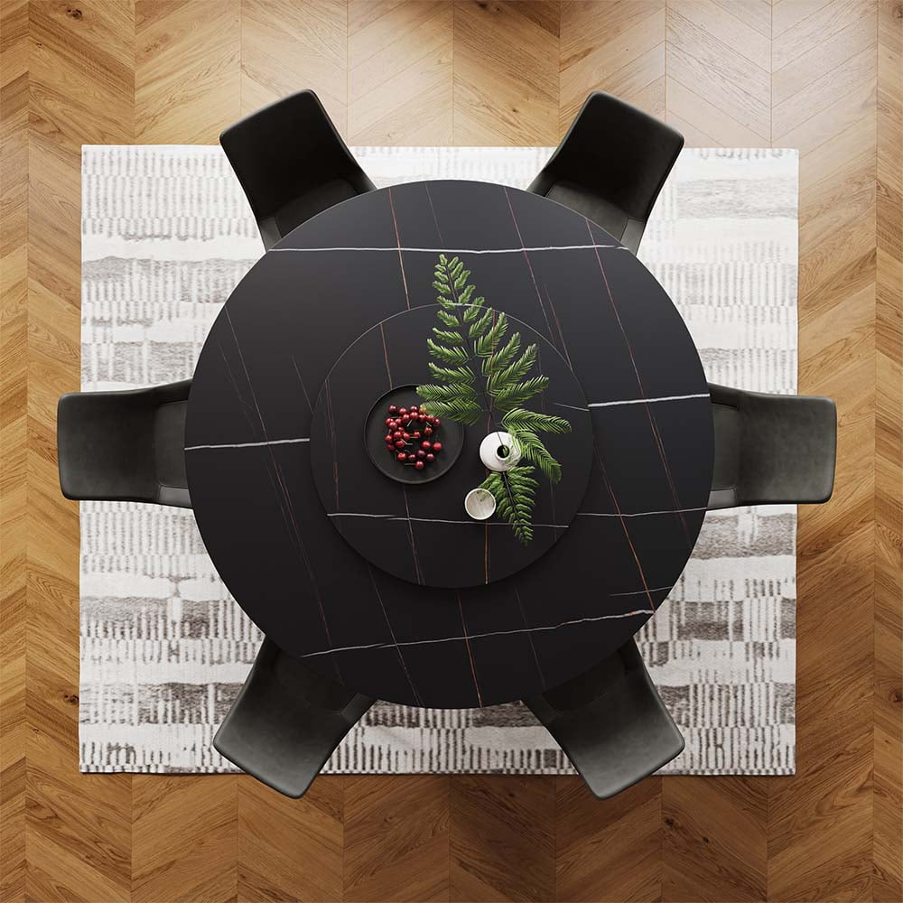 POVISON 59in Modern Round Black Kitchen Dining Table For 6 With Lazy Susan, Matte Sintered Stone Tabletop, Solid Black Carbon Steel Base