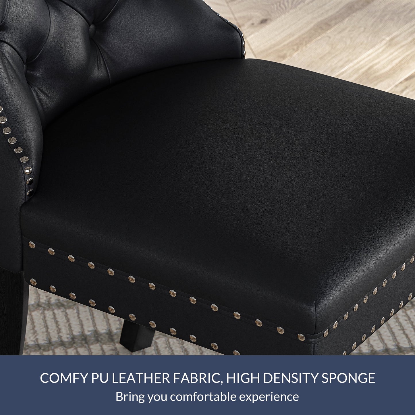 BELLEZE Upholstered Dining Chairs Set of 2, Faux Leather Luxury Dining Room Chairs with Button Back, Nailhead Trim, Pull-ring, Solid Wood Legs for Kitchen, Living Room, Restaurant - Chandler (Black)