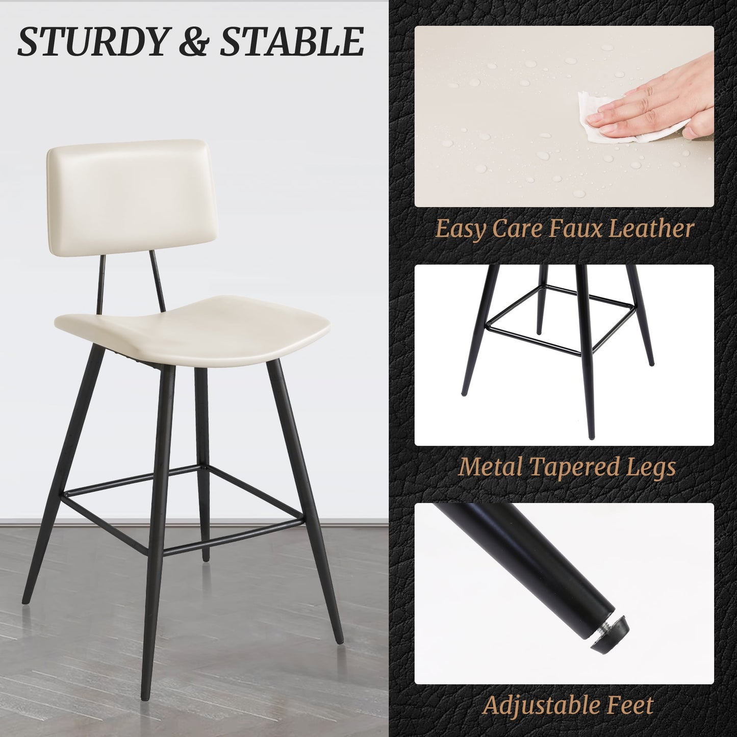 Dycanpo 24.5in Counter Height Bar Stools Set of 2, Faux Leather Upholstered Barstools, White