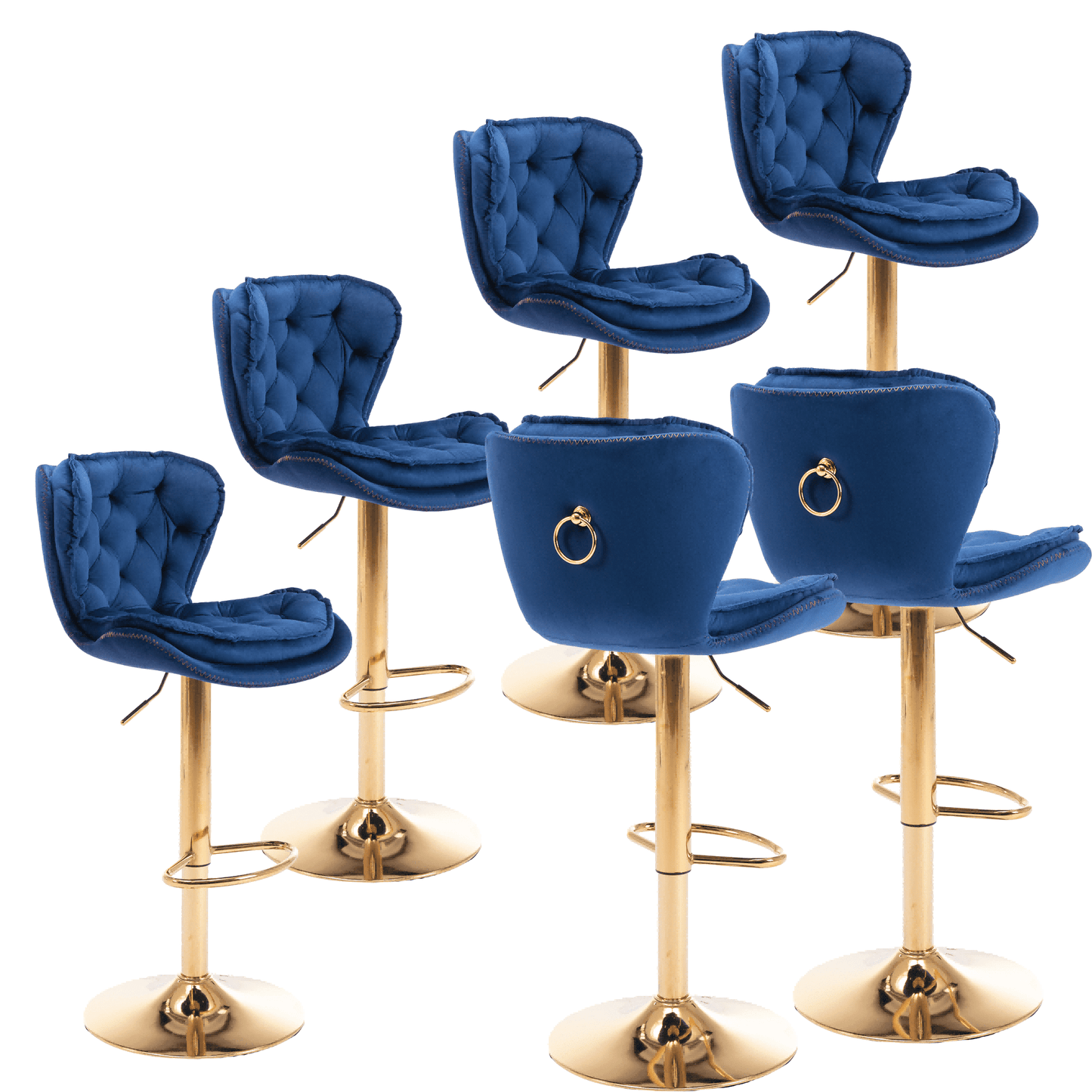 24-33 Inch Velvet Bar Stools, Counter Height Adjustable Swivel Barstools High Bar Chairs with Back & Golden Metal Base, Stools Footrest for Kitchen Island, Cafe, Bar, Bar Counter(Navy Blue,Set of 6)